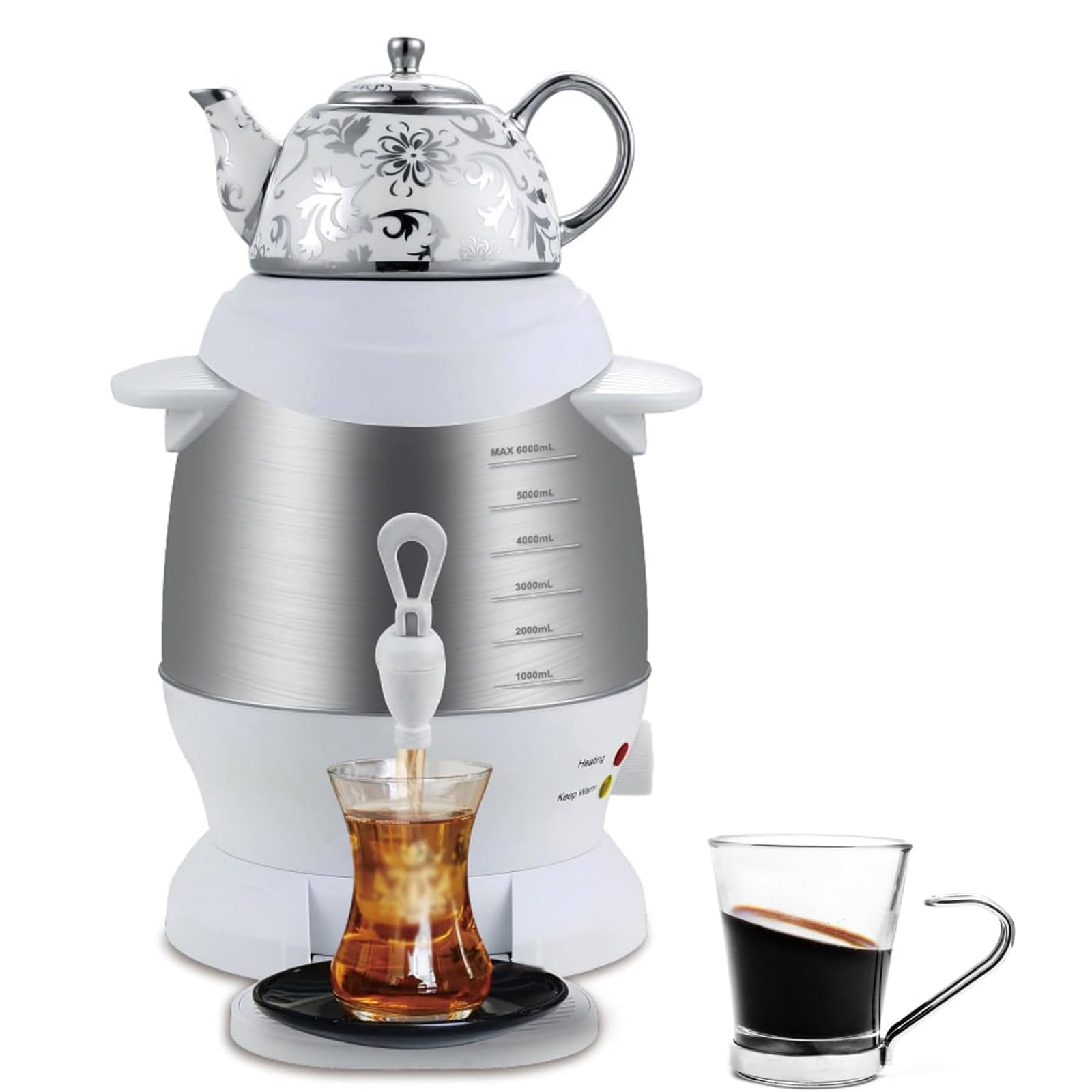 Adtzpc 1350W Electric Samovar, 6L Stainless Steel Double Pot Kettle Infuser With Anti Scald Handle, 5L Kettle and 1L Teapot Capacity & Keep Warm Function, for Russian and Turkish Tea Enthusiasts