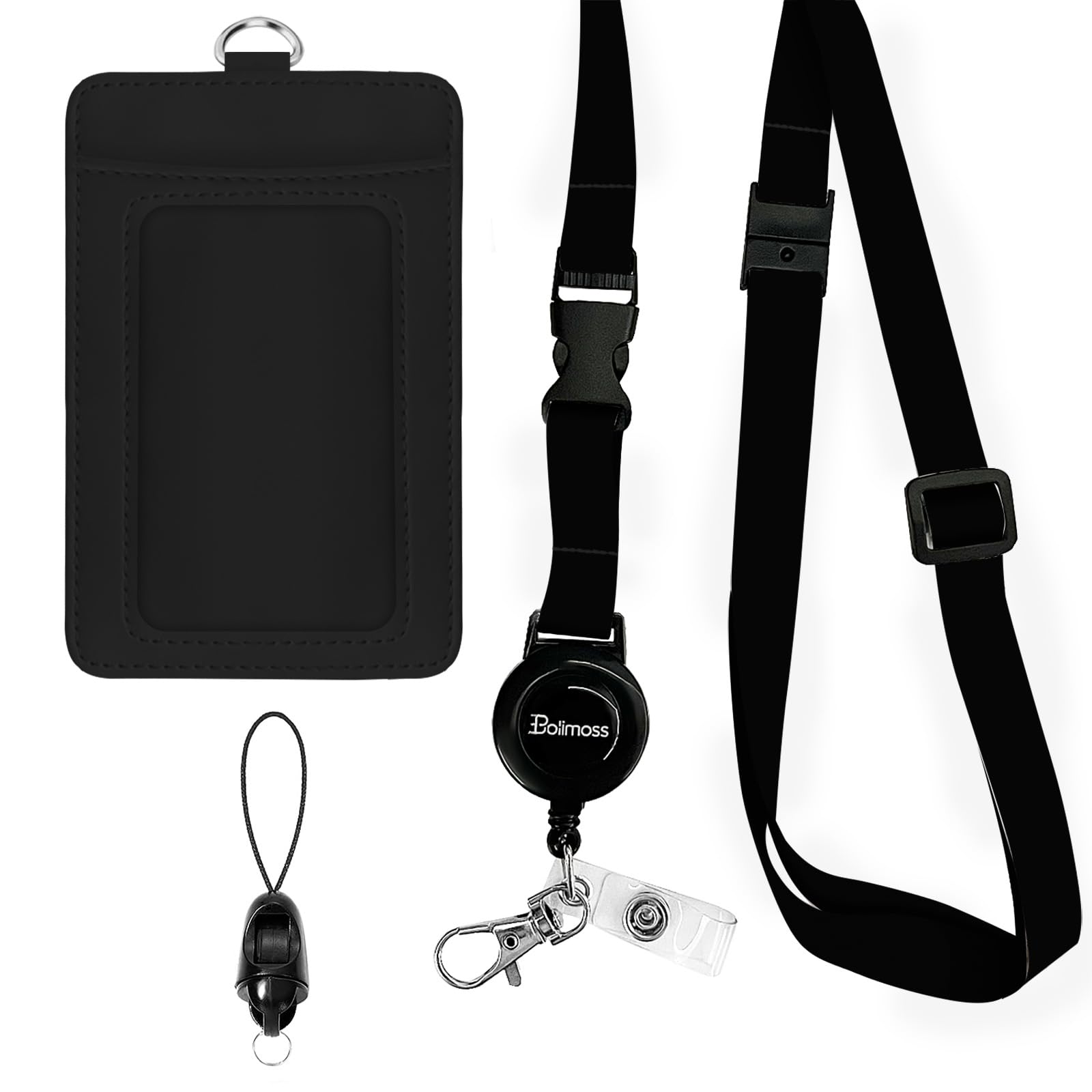 bolimoss Black Leather Badge Holder with Retractable Reel, Quick Release Buckle and Safety Adjustable Breakaway Lanyards with Swivel Metal Clasp Lanyard for Teacher Students Offices Staff Nurse โ image 1