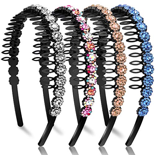 4 Pieces Wave Rhinestone Headbands Comb Crystal Hair Hoop Teeth Comb Headbands for Women Girls (Silver, Champagne, Blue, Colored)