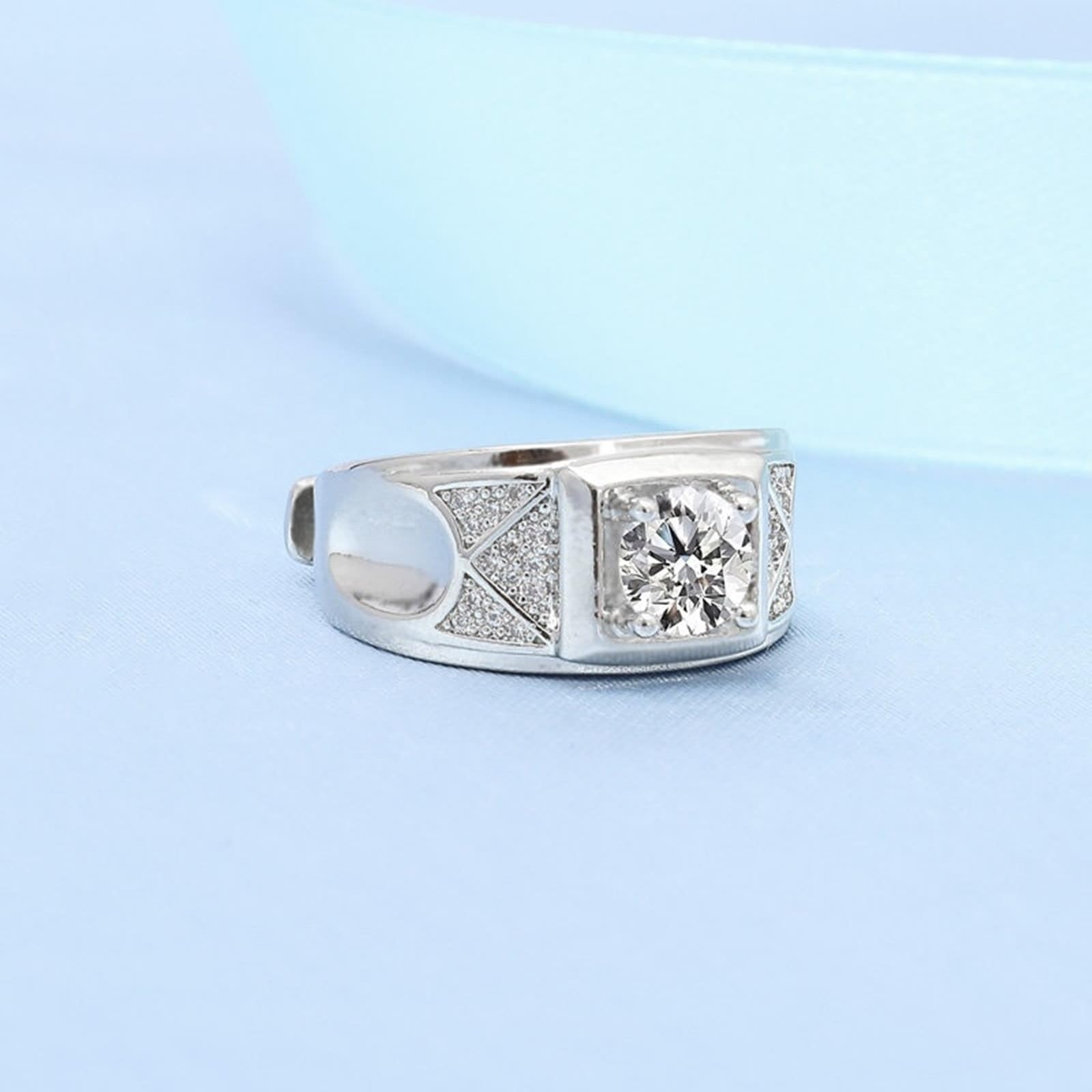 Męska obrączka ślubna z białego złota obrączka 18K diament laboratoryjny szeroki geometryczny 4-zębowy okrągły 1 ct cyrkonia rozmiar N 1/2 moda dla wujka biżuteria rocznicowa
