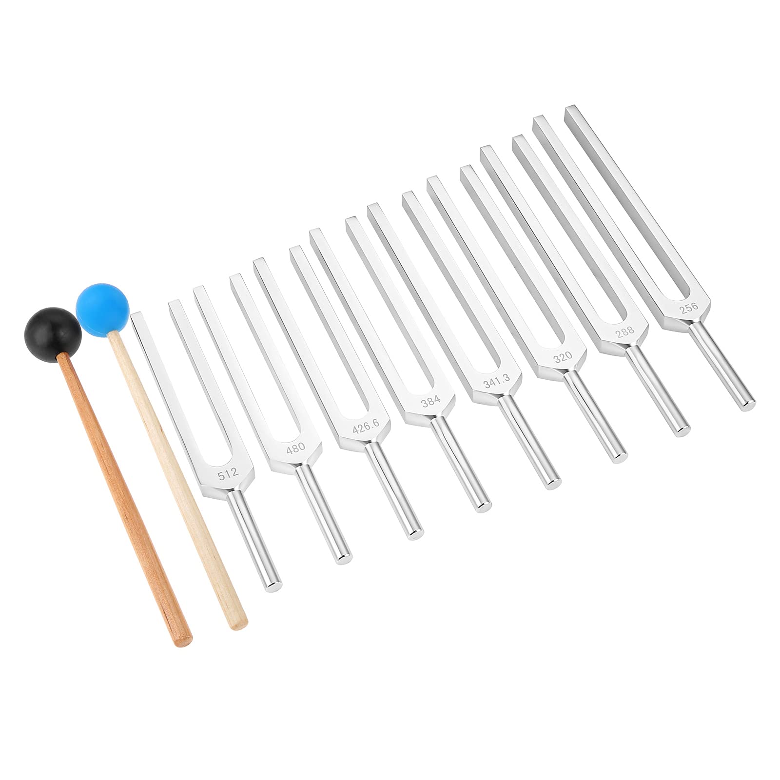 Gohantee Juego de 8 tenedores de afinación de chakra plateada+2 martillos de sonido (256Hz, 288Hz, 320Hz, 341.3Hz, 383Hz, 426.6Hz, 480Hz, 512Hz)