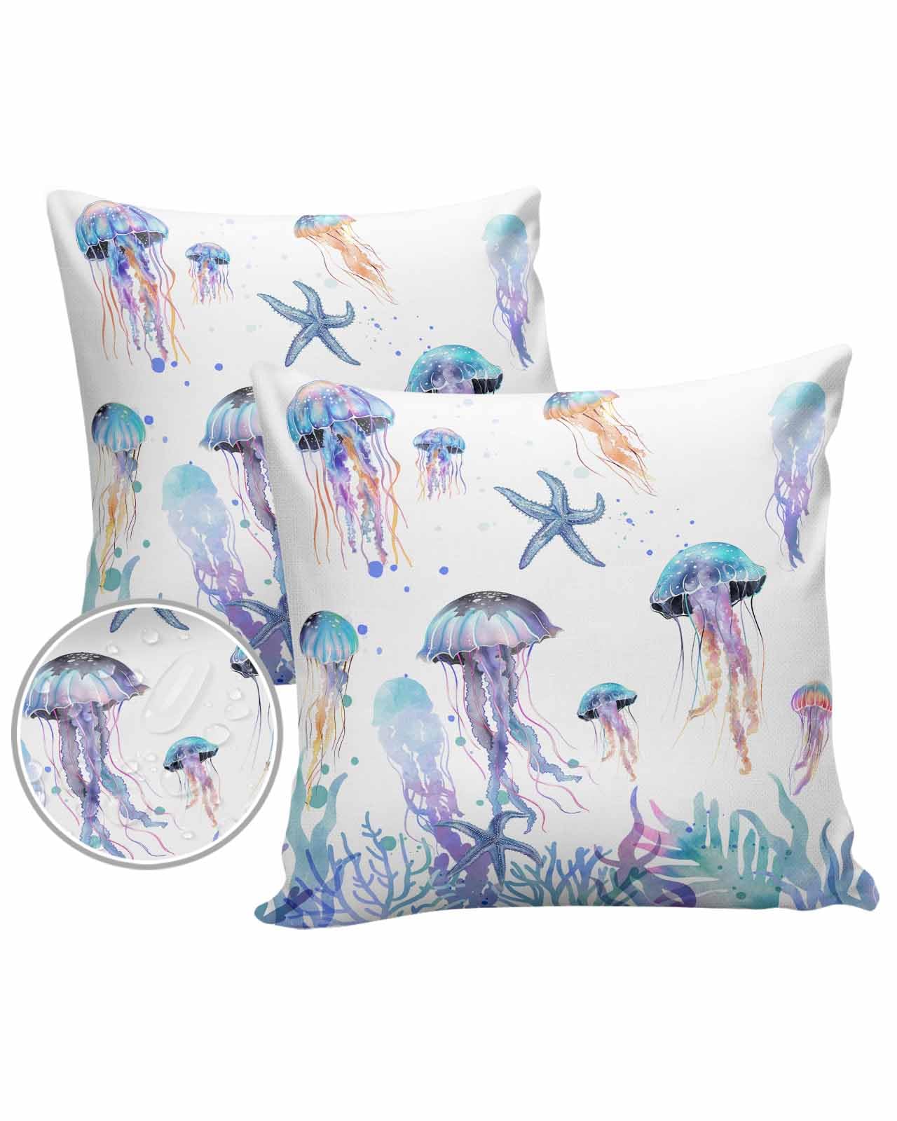 Blue Jellyfish Outdoor Pillow Cover 16x16 Inch Cushion Sham Case,Waterproof Decorative Square Throw Pillowcase for Outside Garden Patio Porch Couch Chair Tent Coastal Starfish Coral Ocean Seaweed