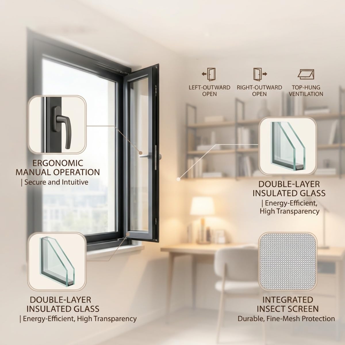 Ventana abatible aluminio para baño y balcón, doble cristal, mosquitera acero inoxidable desmontable(White(WxH),20x26")
