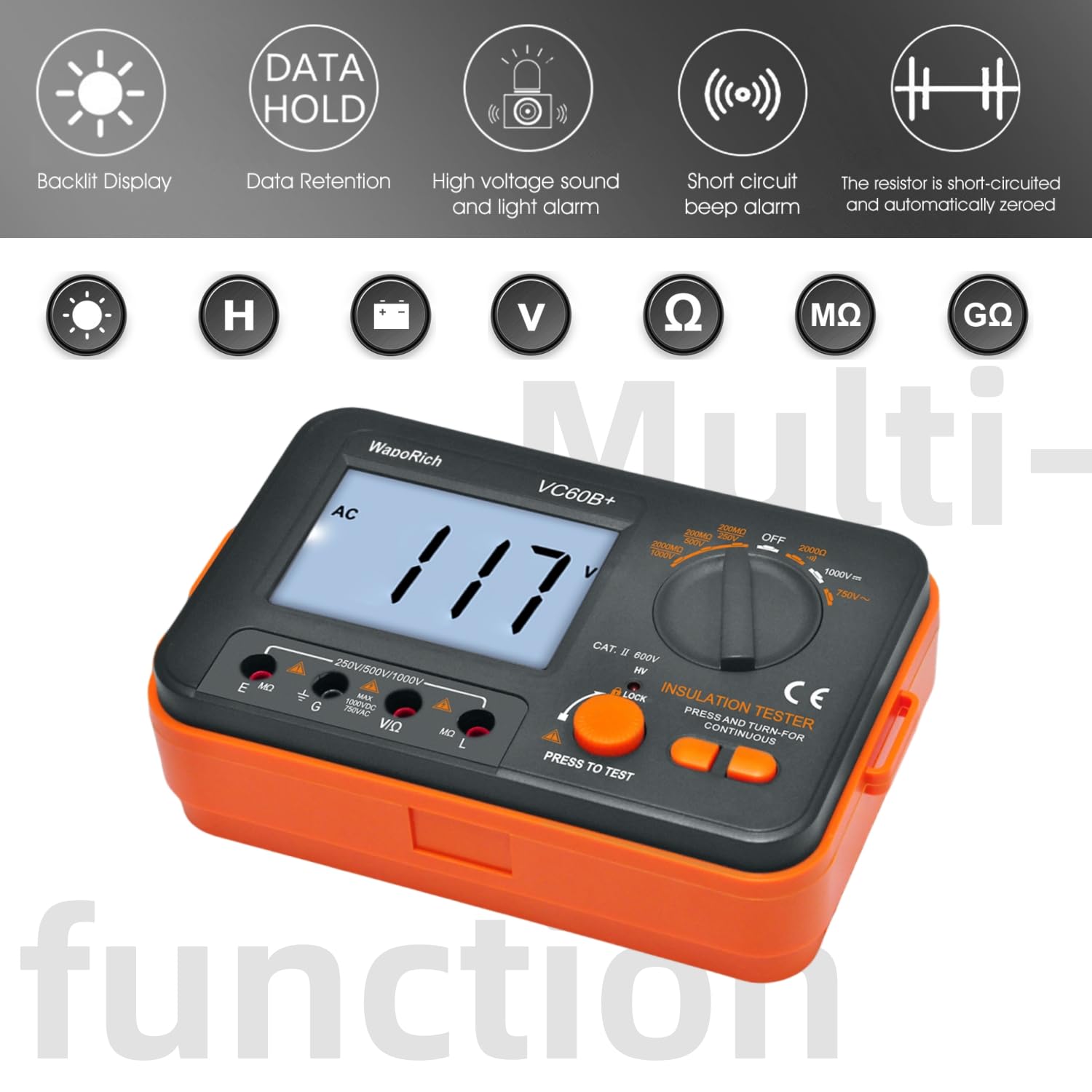 Mégaohmmètre, Testeur de résistance d'isolement numérique WapoRich 2000 MΩ avec tensions de test DC 250 V/50 V/1000 V, AC 750 V