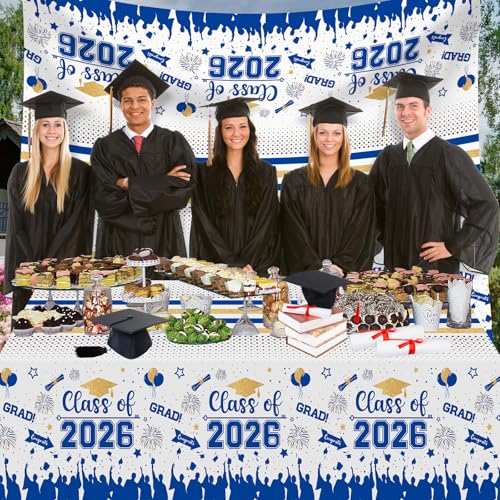 Image of Graduation Decorations Class of 2026 Tablecloth - 3 Pcs Plastic Congrats Grad Table Cloth, Graduation Table Cover for Graduations Party Decorations 2026 and Party Supplies, 54 inchx108 inch (Blue and Gold)