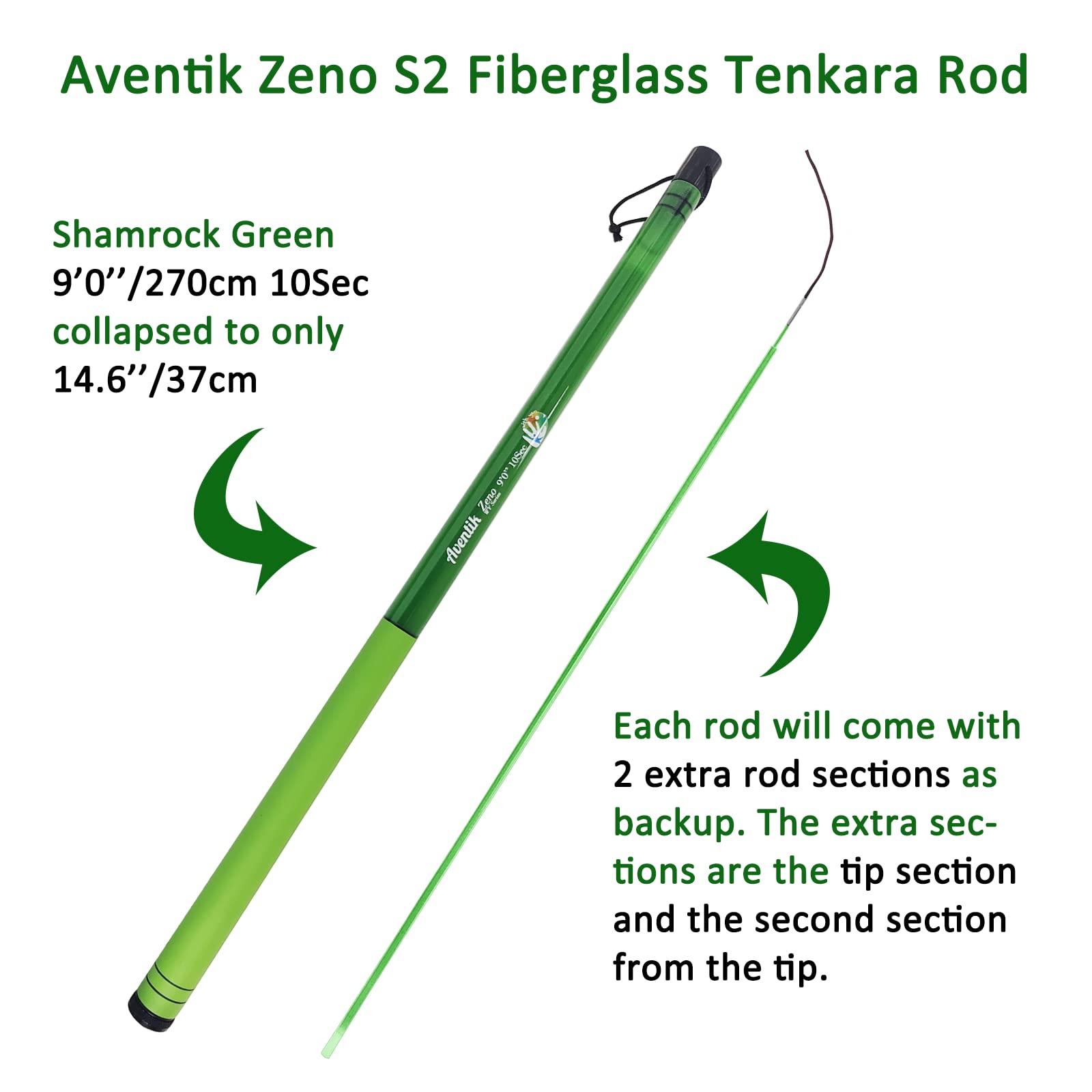 Aventik Zeno S2 Glas-Tenkara-Rute mit 2 zusätzlichen Rutenabschnitten, 10 Sekunden in 2,7 m/3 m, hervorragende Haltbarkeit und Stärke, gefaltet auf nur 36,8 cm/38,6 cm, 6:4 weiche M-Aktion