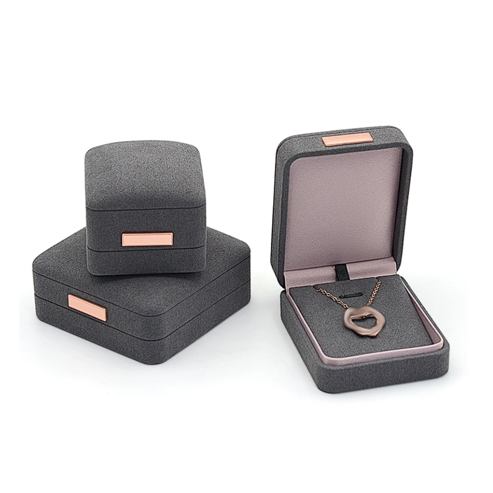 Joyero gris y rosa, organizador de terciopelo y satén de 4 o 1 pieza for propuestas de boda, anillos, collares y pulseras. Embalaje para regalo