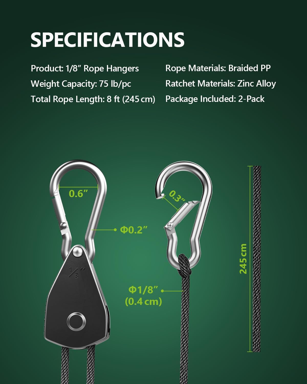 MAKABEE 2-Pack 1/8” Adjustable Rope Hanger, Heavy Duty Ratchet Tie Down Strap with Reinforced Metal Gear, Ratcheting Pulley System Bungee Cord for Hanging Plants Grow Light and Various Tie-Down Uses 4