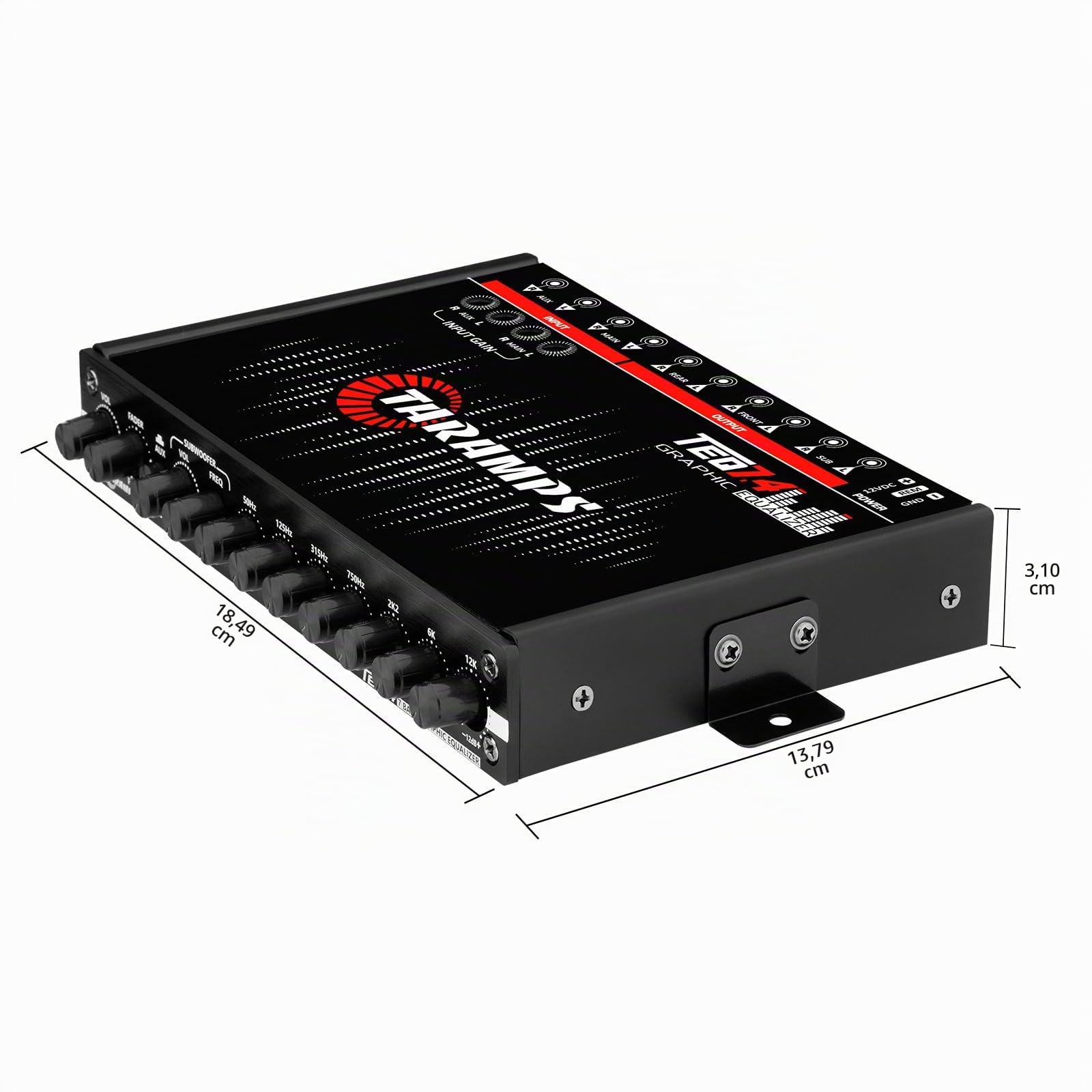 Taramps TEQ 7.4 Égaliseur Graphique stéréo 7 Bandes pour Voiture Entrée/Sortie RCA, Gain auxiliaire, contrôle du Fader, 2 canaux d'entrée, 3 canaux de Sortie, égaliseur de Son LED Bleue