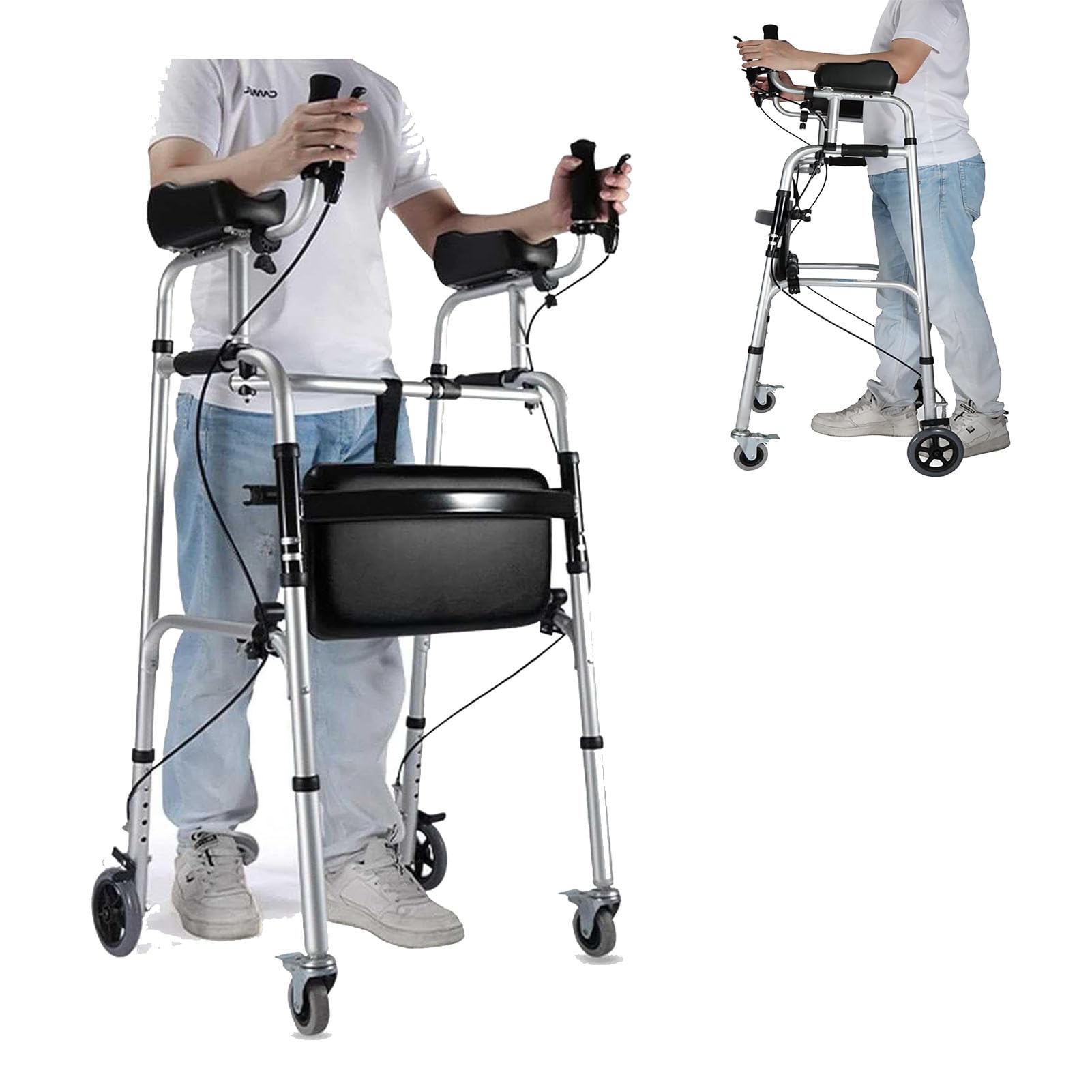 Andador para Ancianos 4 Ruedas, Caminadores De Aluminio Plegables para Mayores, Andadores Vertical para Ancianos con Frenos Y Asiento, Altura Ajustable