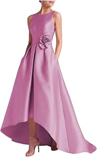 Satin Hi-Low Prom Dress with Pockets – Crew Neck A-Line Formal Evening Party Gown for Wedding
