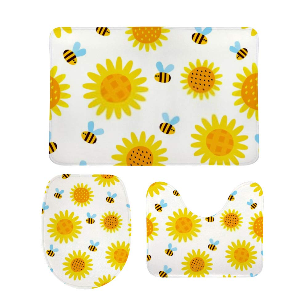 Tapis de bain 3 pièces en velours corail imprimé abeilles avec contour WC et tapis absorbant