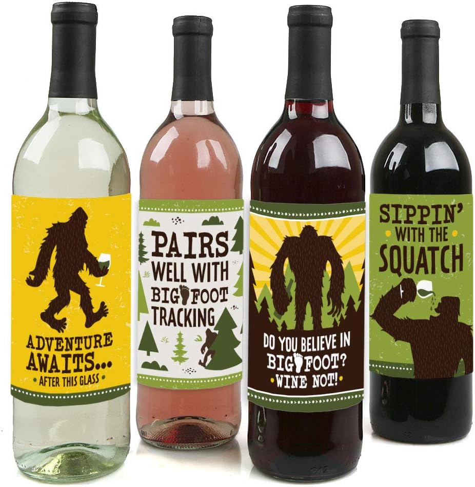 Big Dot of Happiness Sasquatch Crossing - Bigfoot Party or Birthday Party  Decorations for Women and Men - Wine Bottle Label Stickers - Set of 4