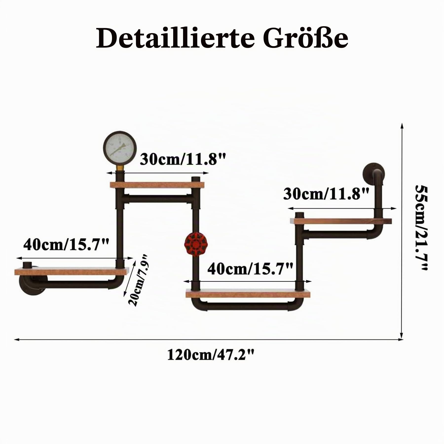 Industrielles Wandregal, Organizer, für Rohre, aus Metall, rustikal, mit Regalen aus Holz, schwimmende Regale, Dekoration für Wohnzimmer, Schlafzimmer und Küche