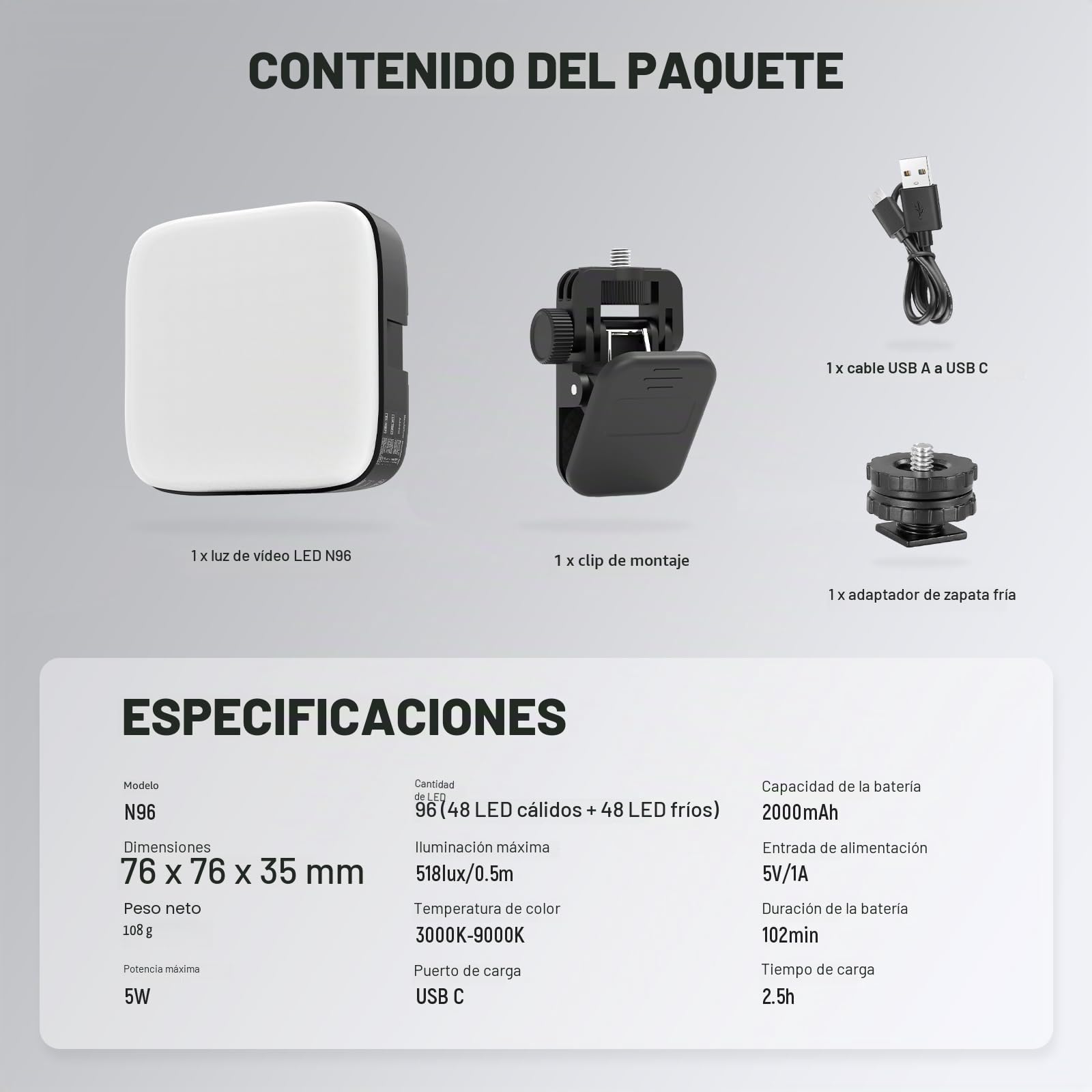 NEEWER Entry Level Version Luz Cámara LED Magnética, 96 LED Bicolor Pequeño Clip On Panel Foco, 2000mAh 3000K-9000K CRI80+, 3 Zapatos Fríos Rosca 1/4 para Trípode Grabación Fotografia Selfie, N96