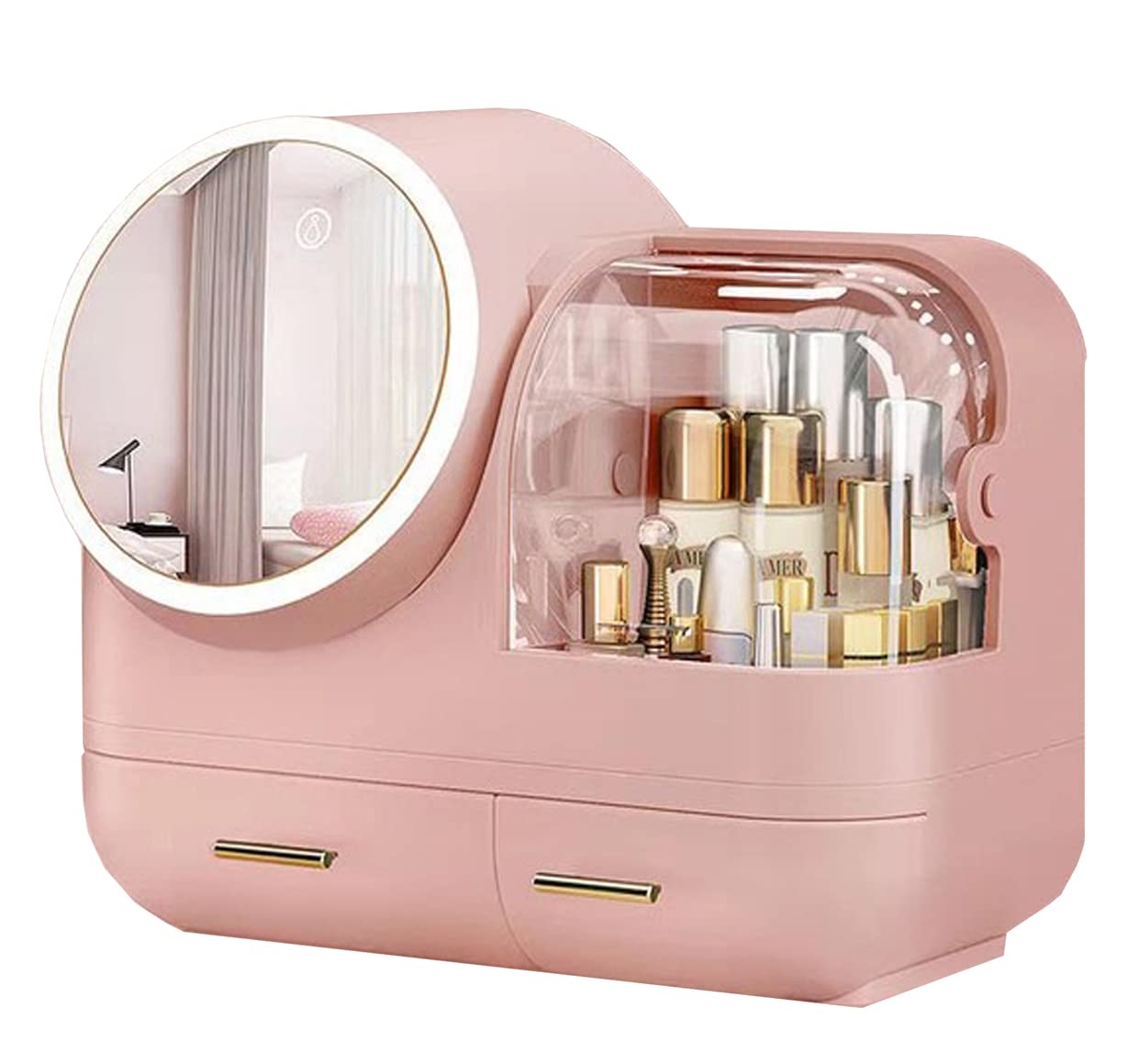 GenericMakeup Organizer with Drawers, LED Mirror and Fan, Dustproof Storage Box for Cosmetics (Pink)