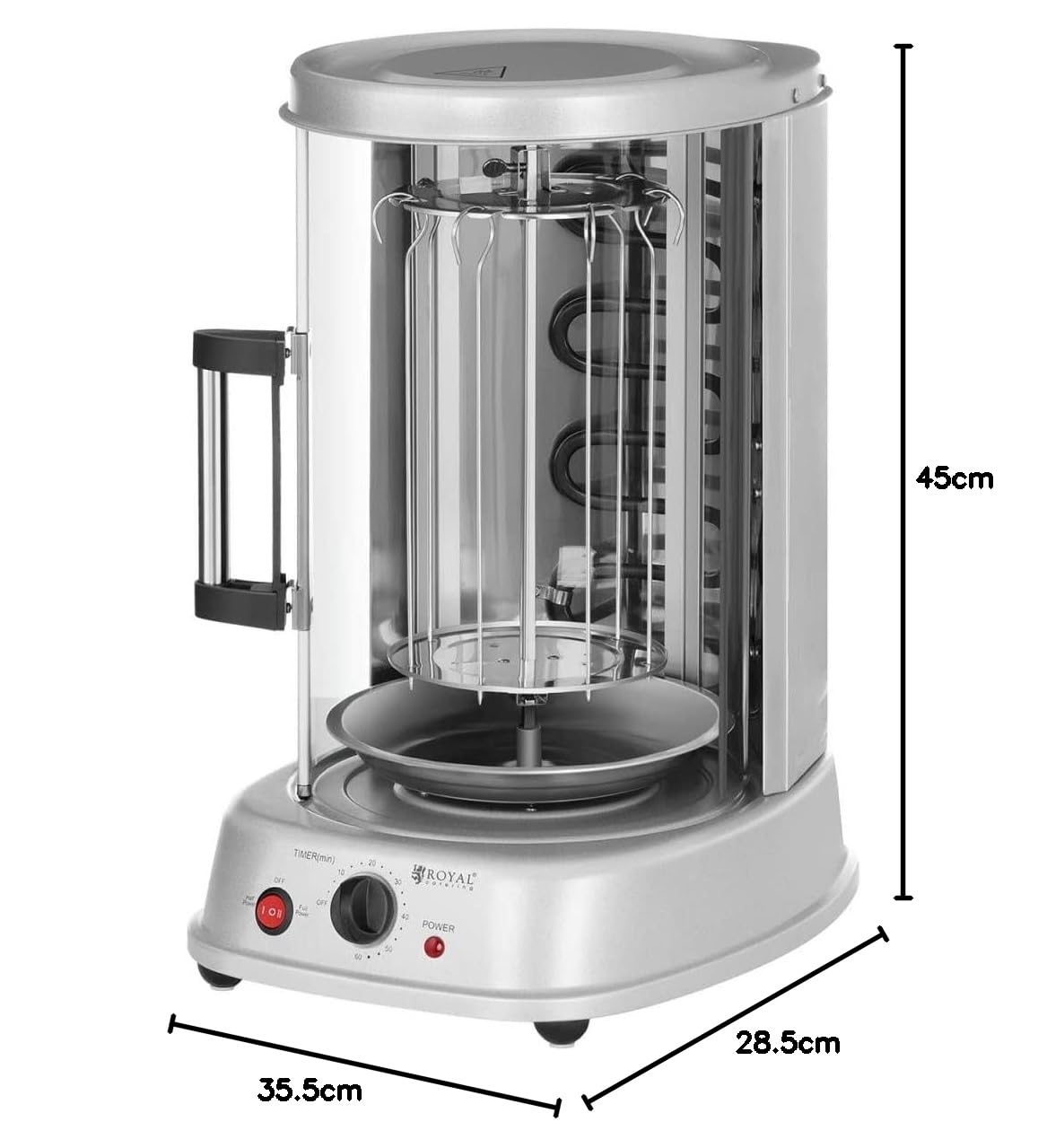 Royal Catering Rôtissoire Verticale Machine À Kébab Poulet Électrique Appareil Mini Machine Grill Rotatif RCGV-1400 (3-en-1, 1 500 W, 120 °C max., Minuterie 60 min, Nombreux Accessoires)