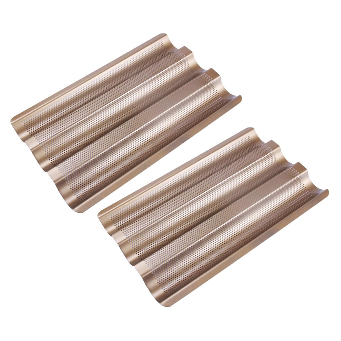 Baluue 2 pièces Moule à Baguette Français Acier Doré Compartiments Perforés Antiadhésif Conduction Rapide pour Cuisson Uniforme Lot