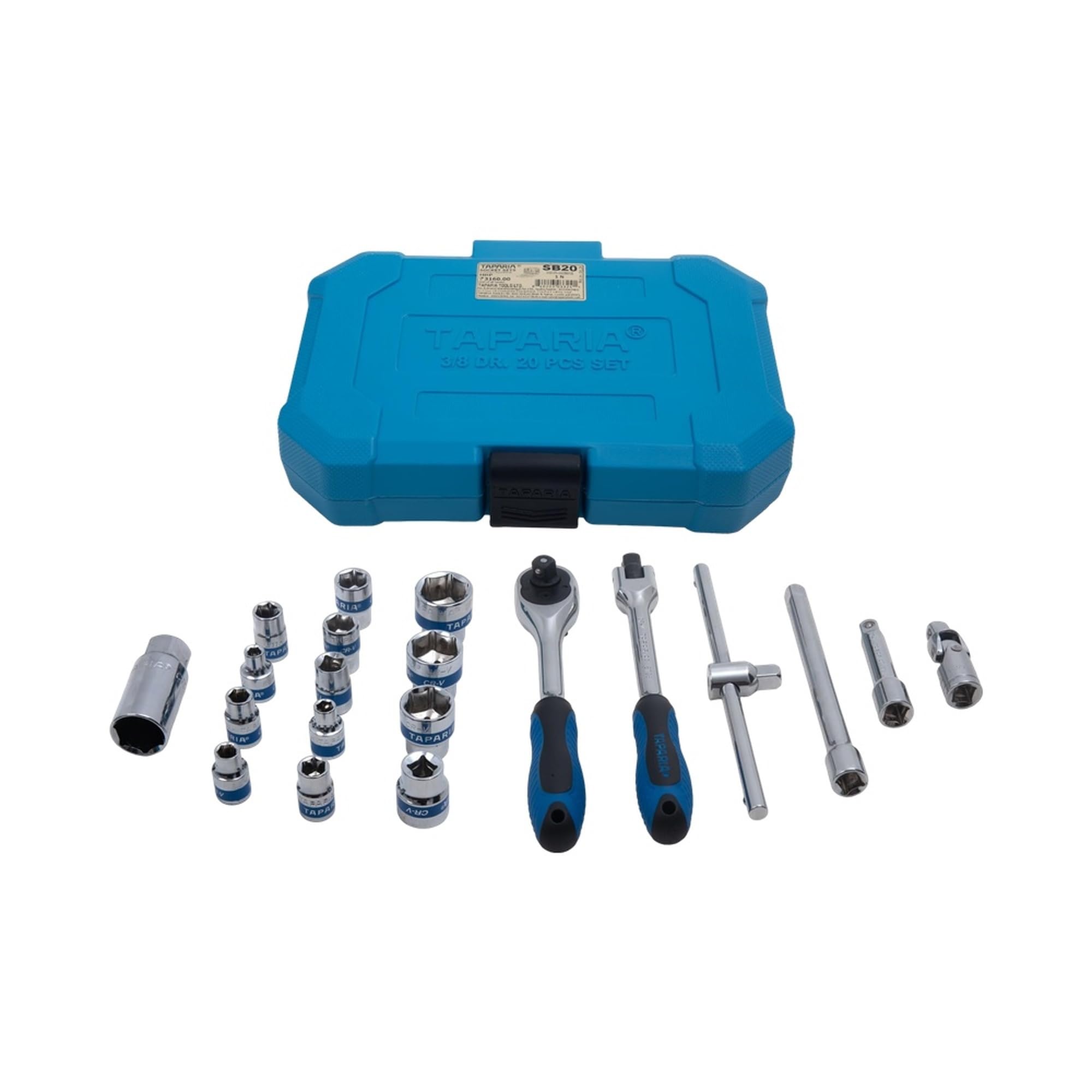 TAPARIA SB 20 3/8 inch (9.5 mm or 3/8") Square Drive Socket Set (20 Pieces)- 6 to 22mm Hex Sockets, Ratchet Handle, T-Handle, Universal Joint, Extension Bar-Blow-Moulded Case-DIY, Home, Professional-image-15
