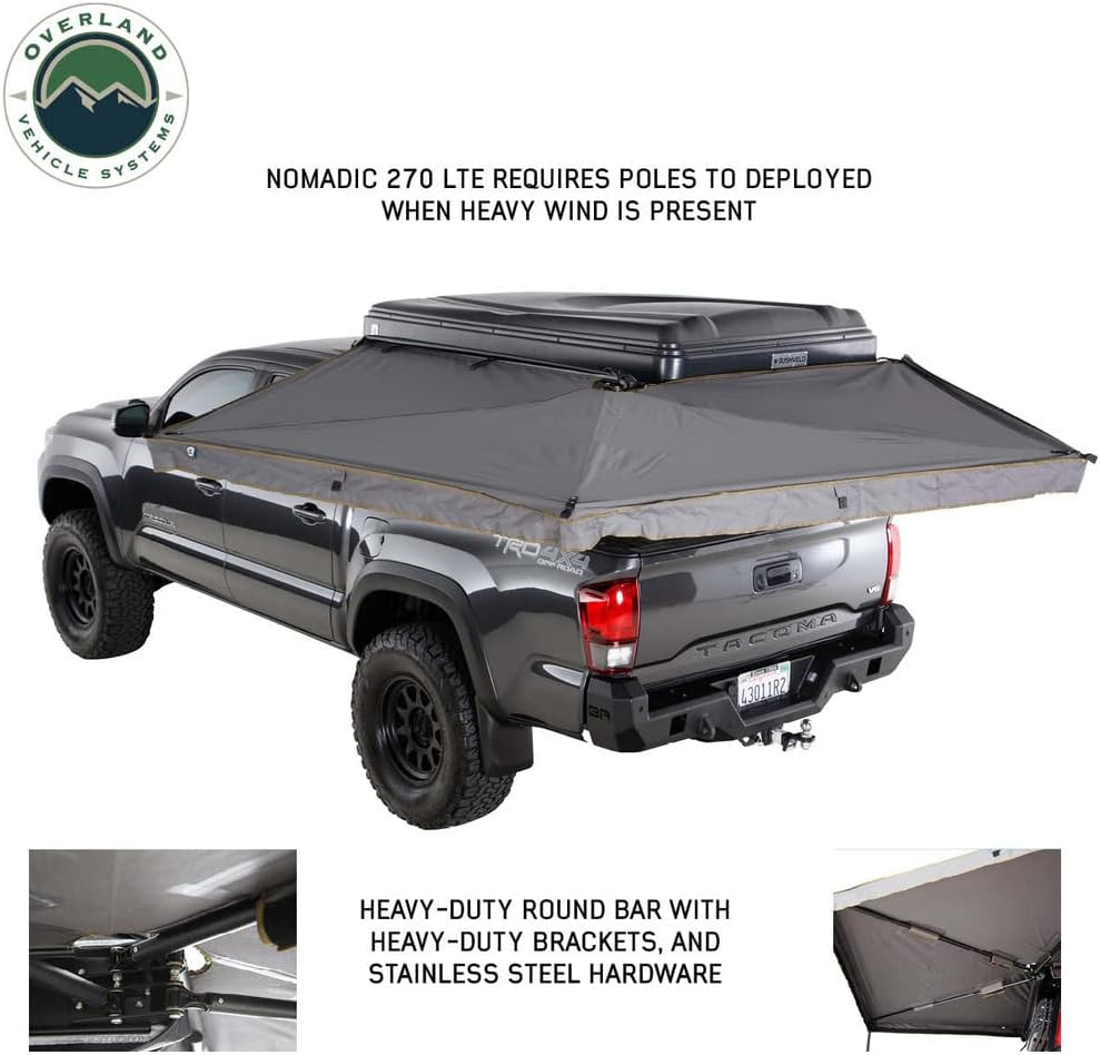 Overland Vehicle Systems 19679907 HD Nomadic 270 LTE Awning Driver Side | 65 Sq Ft of Coverage | Dark Gray Fabric with Black Travel Cover Included | Twist and Lock Technology | Heat-Sealed Seams