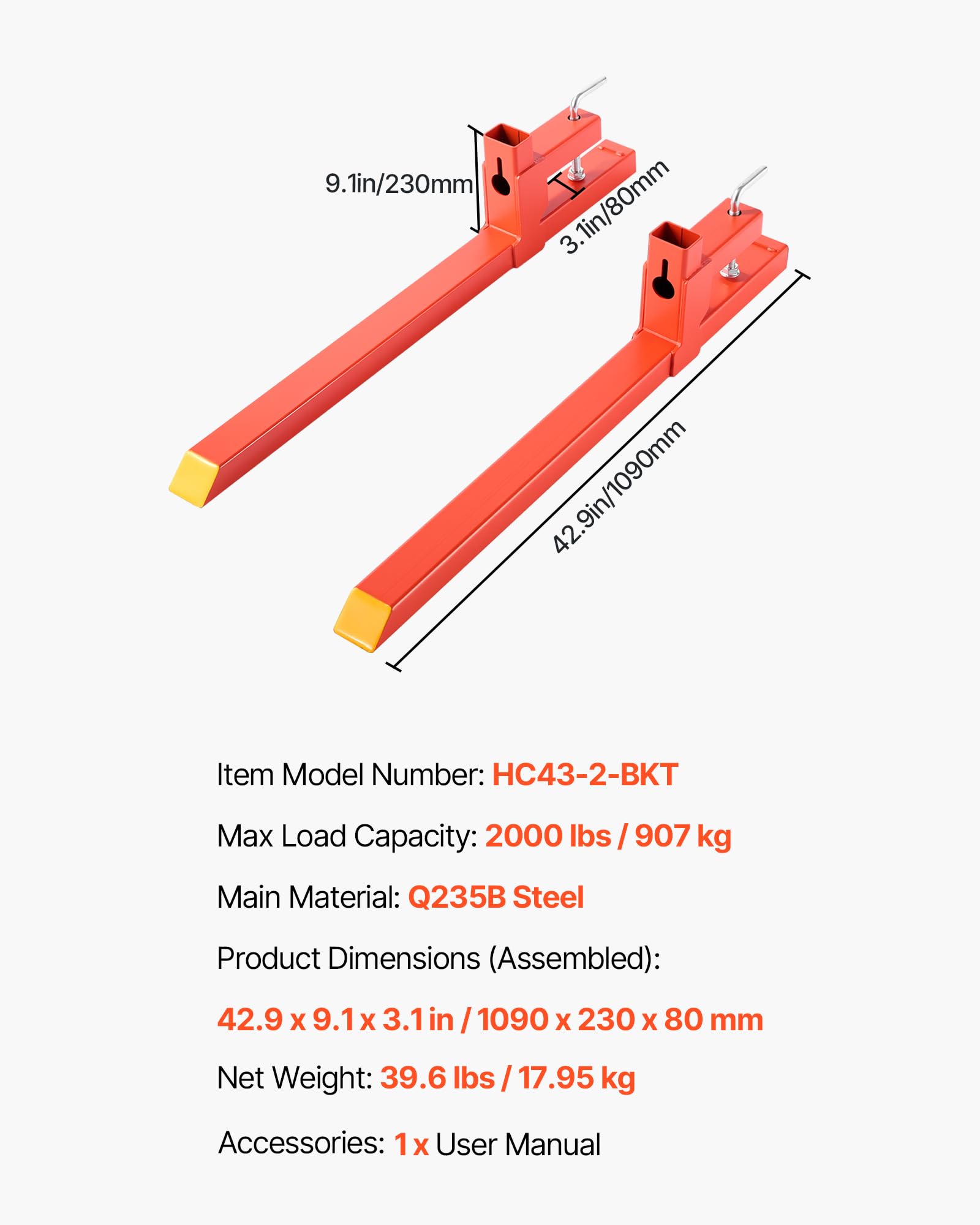 VEVOR Abrazadera de Horquillas de Tractor 907 kg, Horquillas de Palé Longitud Total de 109 cm, con Barra Estabilizadora, Alta Resistencia, para Pala Cargadora, Minicargadora, Tractor, Naranja