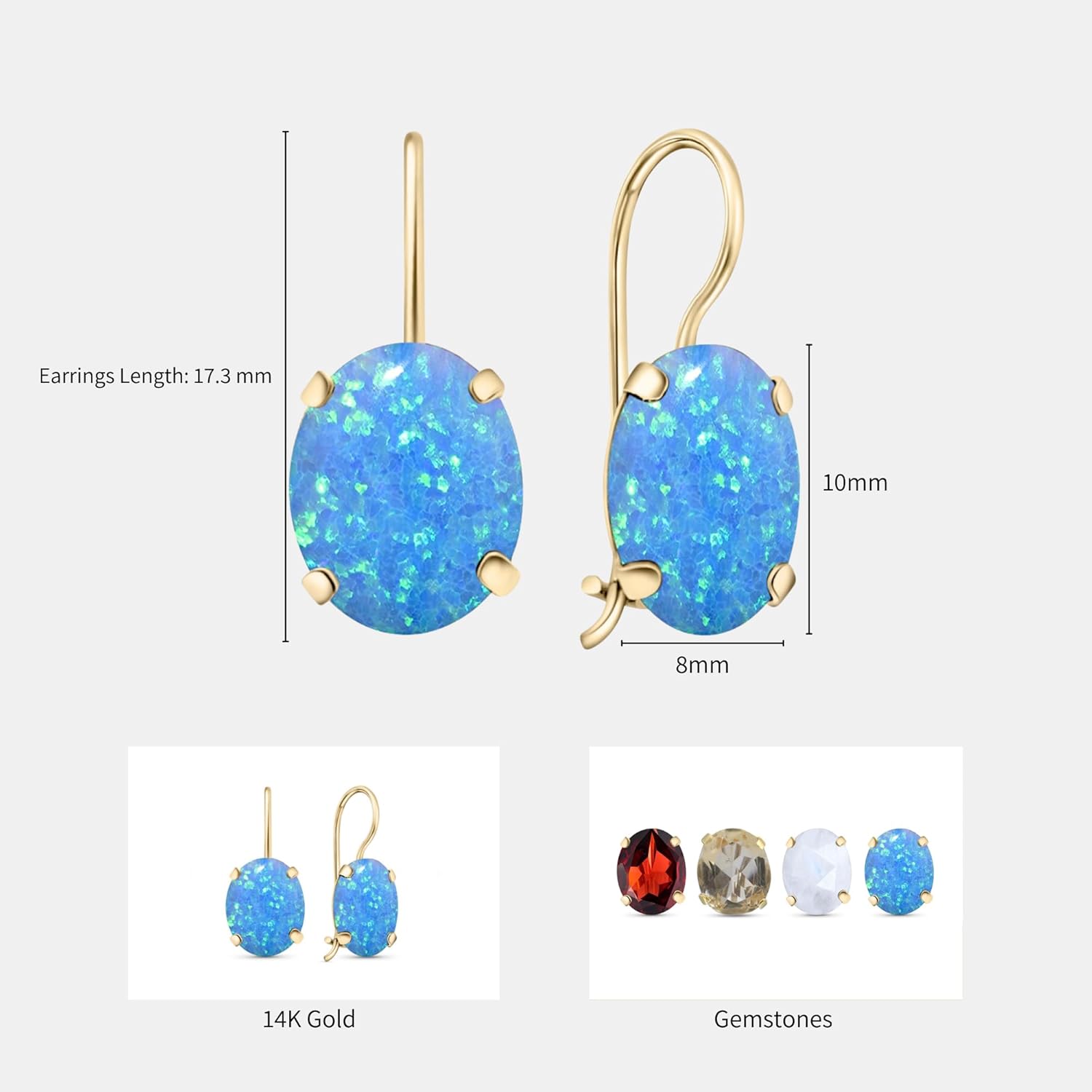 14K Gold Blue Opal Earrings for Women - 8x10mm Oval Gemstone - Blue Opal Gold Earrings - Timeless Gold Dainty Dangle Drop Earrings - October Birthstone Earrings - Image 7