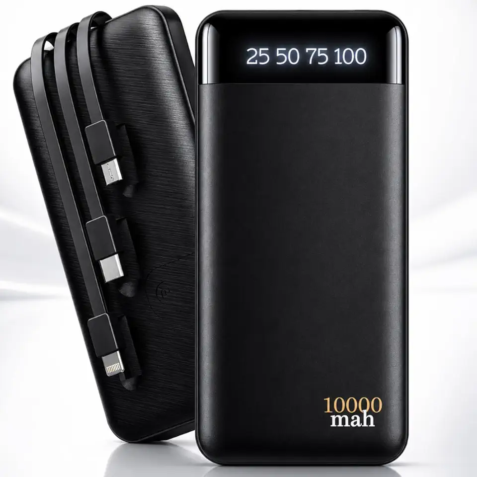Carregador Portátil Power Bank 10000mAh com 3 Cabos Integrados USB-C, iOS e Micro USB, Carga Rápida, Display LED, Bateria Externa Universal para Smartphones