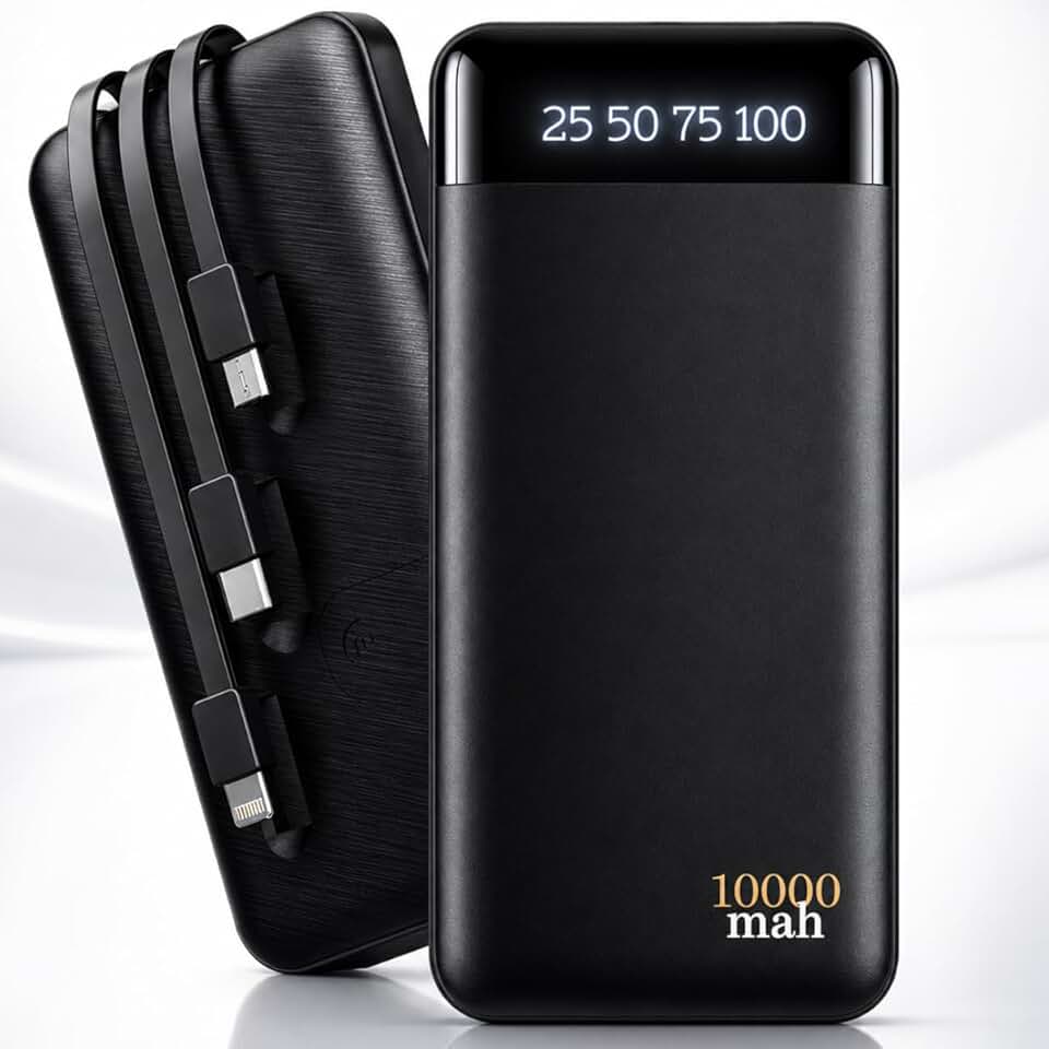 Carregador Portátil Power Bank 10000mAh com 3 Cabos Integrados USB-C, iOS e Micro USB, Carga Rápida, Display LED, Bateria Externa Universal para Smartphones