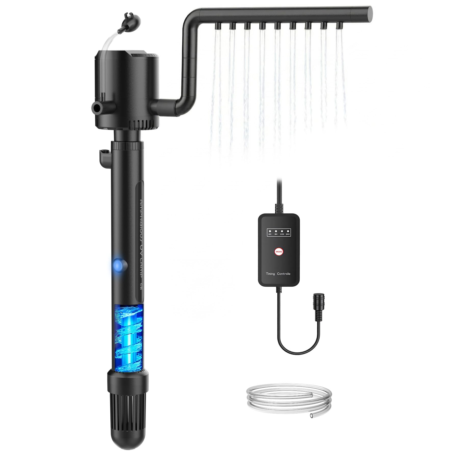 OMECO 5-in-1 Aquarium Innenfilter 800L/H UVC Klärer Aquarium filter für 60L-300L Aquarien mit 6W U-V-Sterilisator und timer,aquarium pumpe mit Belüftung und Regendusche