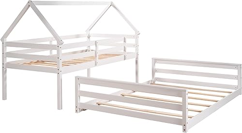 Miniatura 96 de SOFTSEA Litera individual sobre individual con tobogán, literas de casa para niños y niñas (blanco, litera de casa con tobogán) Blanco,Gris,Lavado