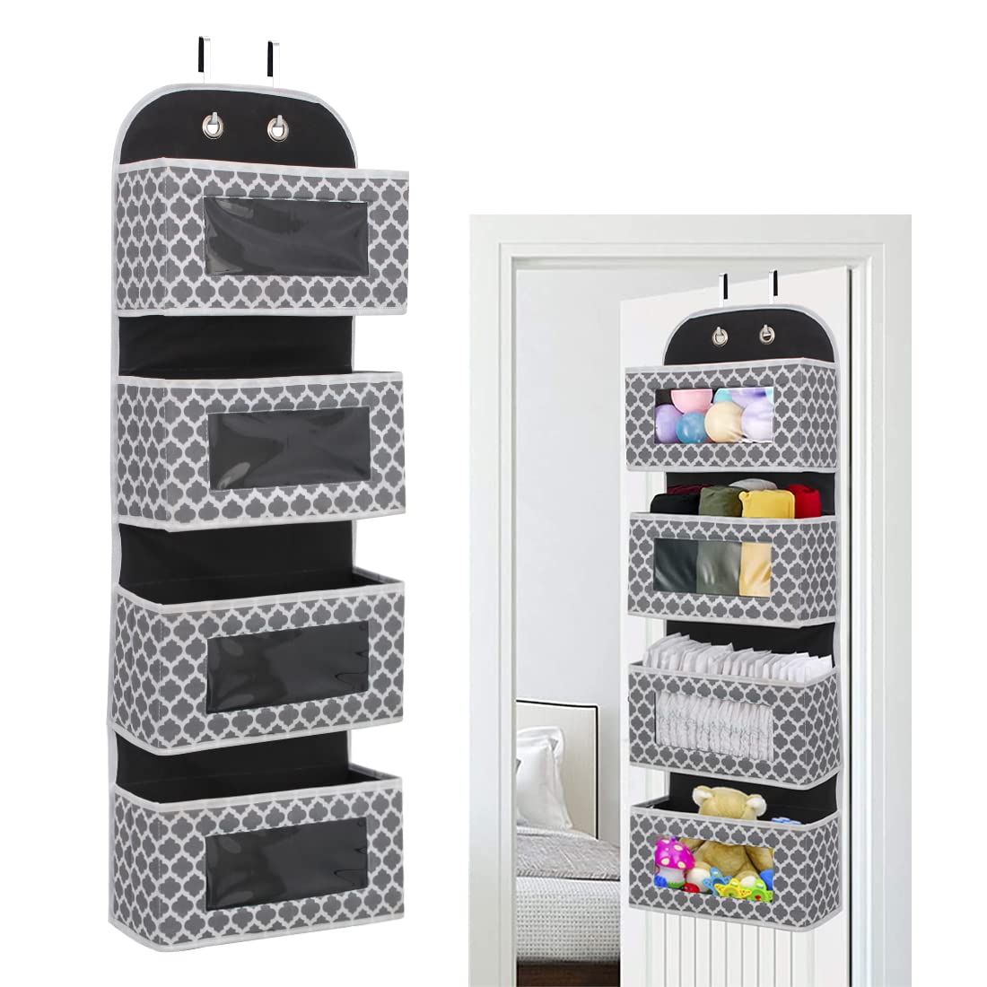 PrettyKrafts Over Door Hanging Organizer with 4 Large Pockets,Wall Mount Storage with Clear Windows and 2 Metal Hooks, Non-Woven Fabric Wall Closet Organizer for Bedroom Nursery Pantry Toys,Qtr Grey