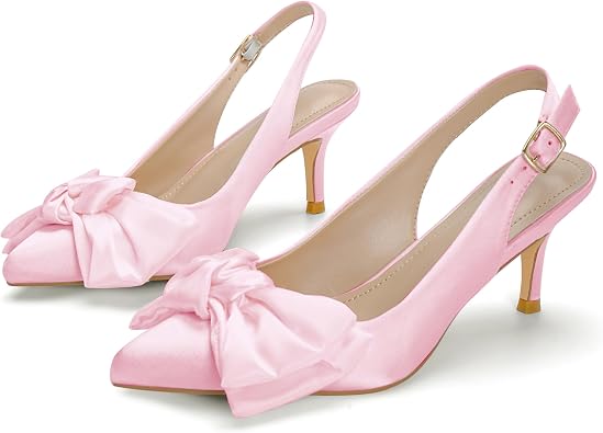 Womens Pumps Kitten Heels with Bow 2 Inch Closed Pointed Toe Slingback Satin Comfortable Low Heel Casual Party Wedding Dress Shoes