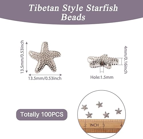 Miniatura 2 de Cheriswelry 100 cuentas de aleación de estrella de mar de plata antigua de 0.531 in, cuentas espaciadoras de estrellas de mar estilo tibetano,