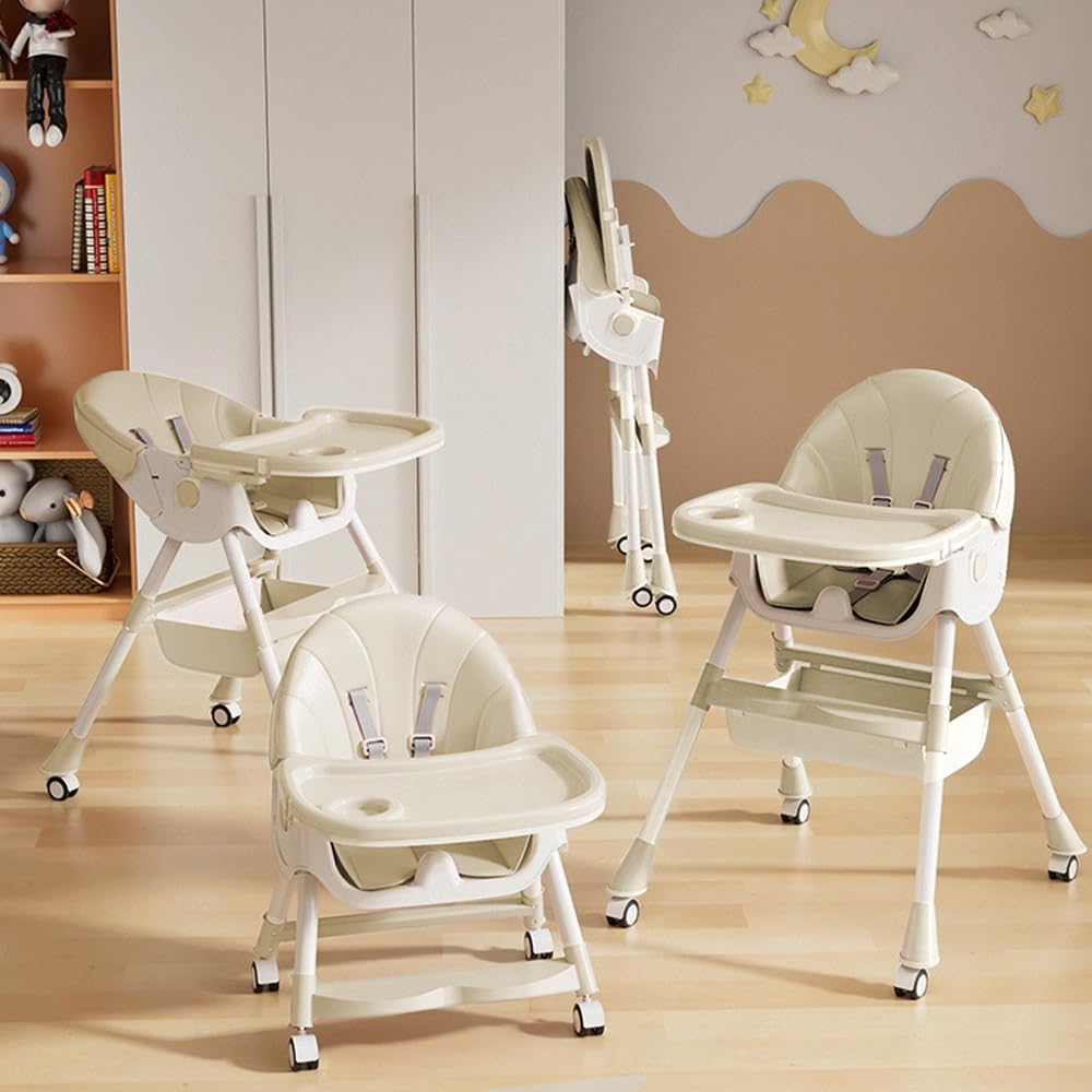 Chaise Haute Bébé – Chaise Enfant Pliable avec Plateau Détachable, Chaises à manger pour enfants avec Fonction d'Inclinaison Réglable et Table, Convient de 6 mois à 3 ans (6 en 1-Beige)