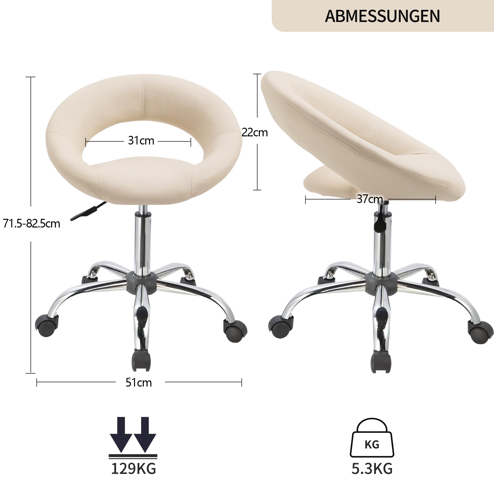 Duhome Drehstuhl mit Rollen, Rollhocker Kunstleder Drehhocker Schminktisch Hocker mit Lehne Arbeitshocker Bürohocker Höhenverstellbar, Creme
