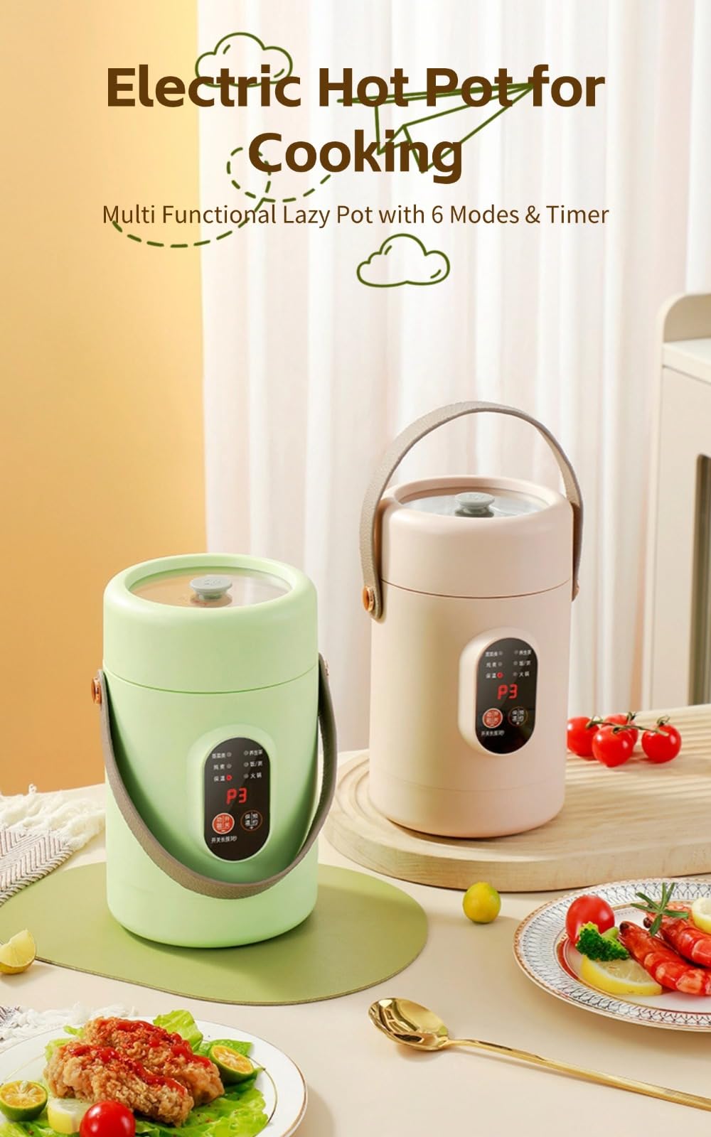 Electric Hot Pot for Cooking, 1.2L Ramen Cooker, Non Stick Portable Noodles Cooker for Pasta Soup Steak Oatmeal, Multi Functional Lazy Pot with 6 Modes & Timer & Keep Warm (US