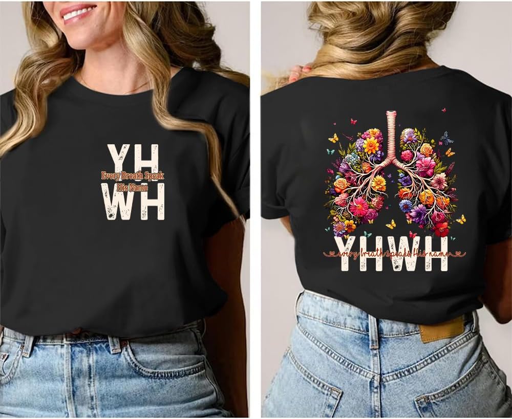 YHWH Christian Shirt for Women, Every Breath Speaks His Name Faith Inspirational T-Shirt Floral Christian Graphic Tee - Image 2