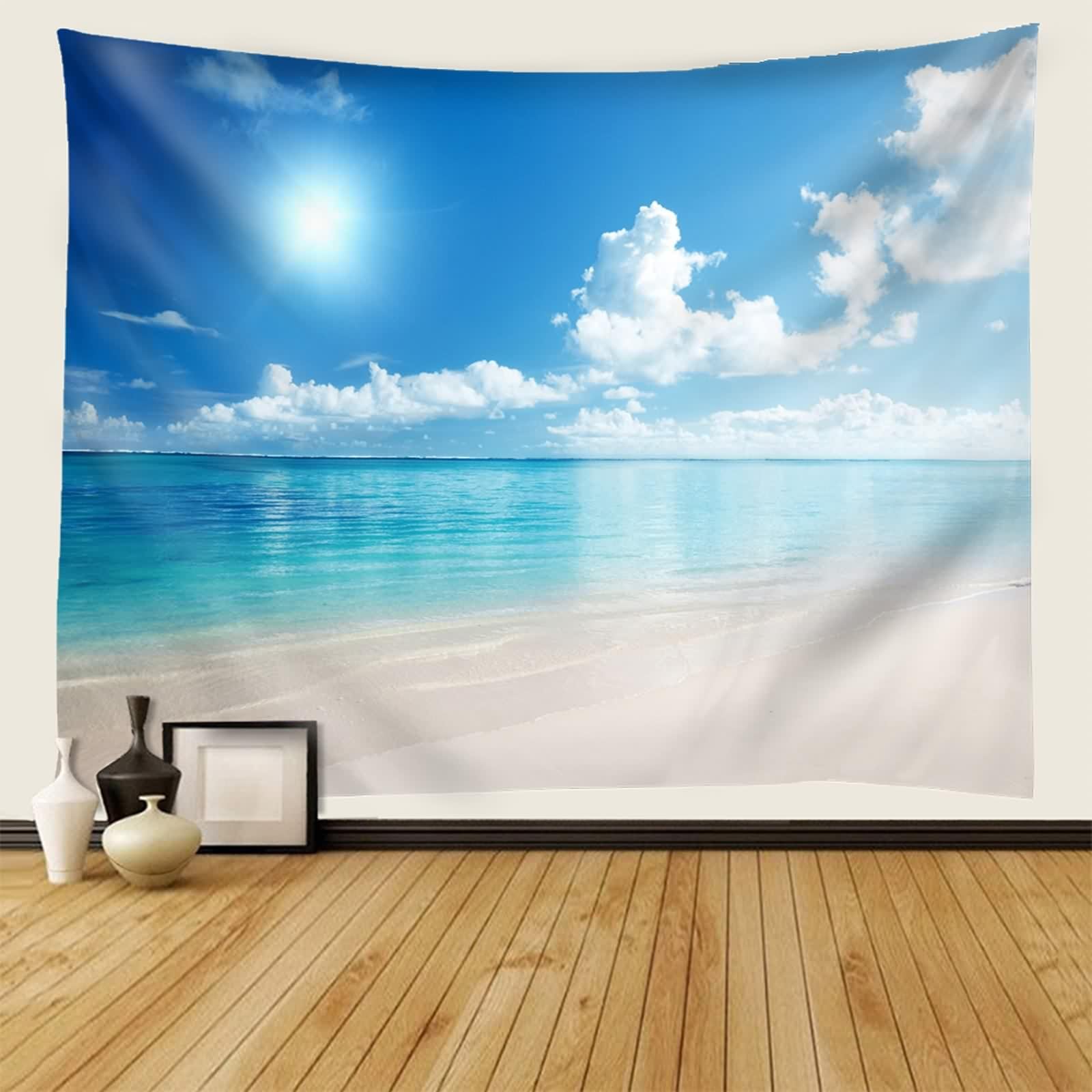 Tolldek Dywan ścienny, niebieski, biały, beżowy, 300 x 256 cm, naturalny krajobraz, ozdoba na ścianę, plaża, morze, niebo, gobelin, nadaje się do dekoracji ścian