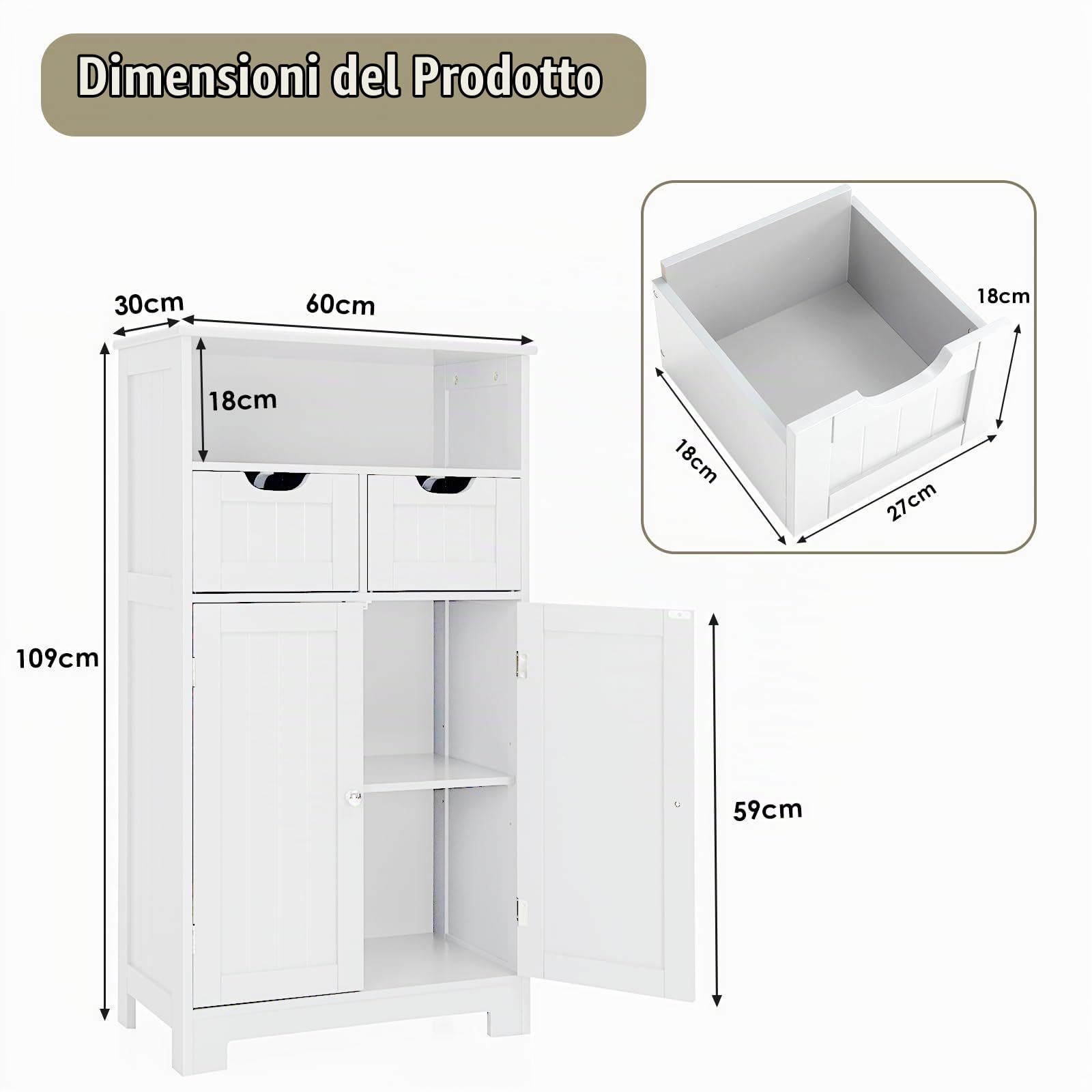 KOMFOTTEU Mobile da Bagno con 2 Cassetti e 2 Armadi a Porta, 60 x 30 x 109 cm, Armadietto da Terra Autoportante in MDF, Armadio d’Archivio per Soggiorno, WC, Camera da Letto, Cucina (Bianco)