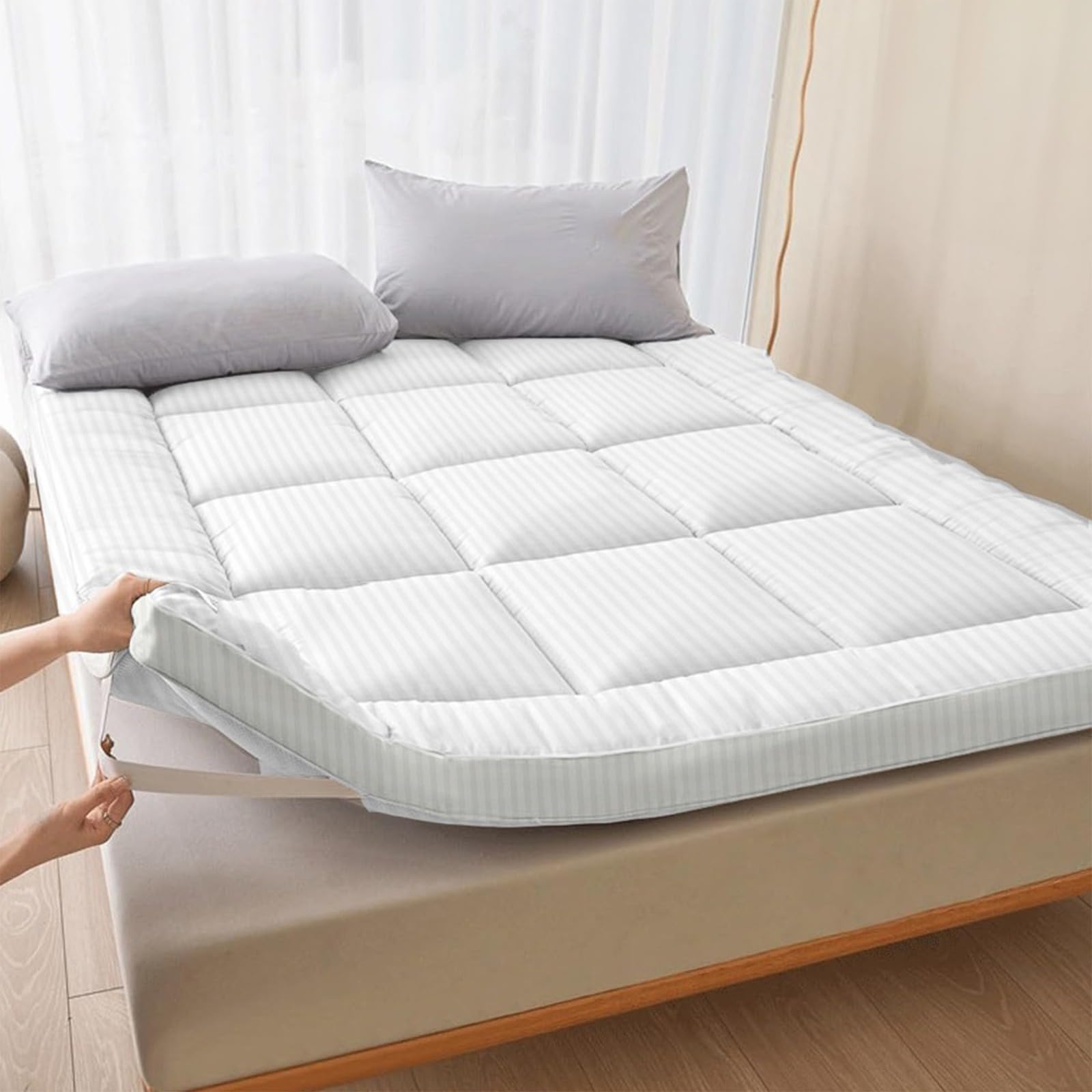 Hotel Linen Klub Double Mattress Topper -Hotel Luxury Stripe Super Soft Fabric -700GSM Soft, Firm,and Extra Thick Fibersheet and Highly Elastic Bands,Size: 120 x 200+7cm, White