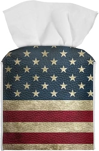 Veniyate Funda cuadrada de piel sintética con estampado de bandera estadounidense, caja de pañuelos, organizador cuadrado decorativo para