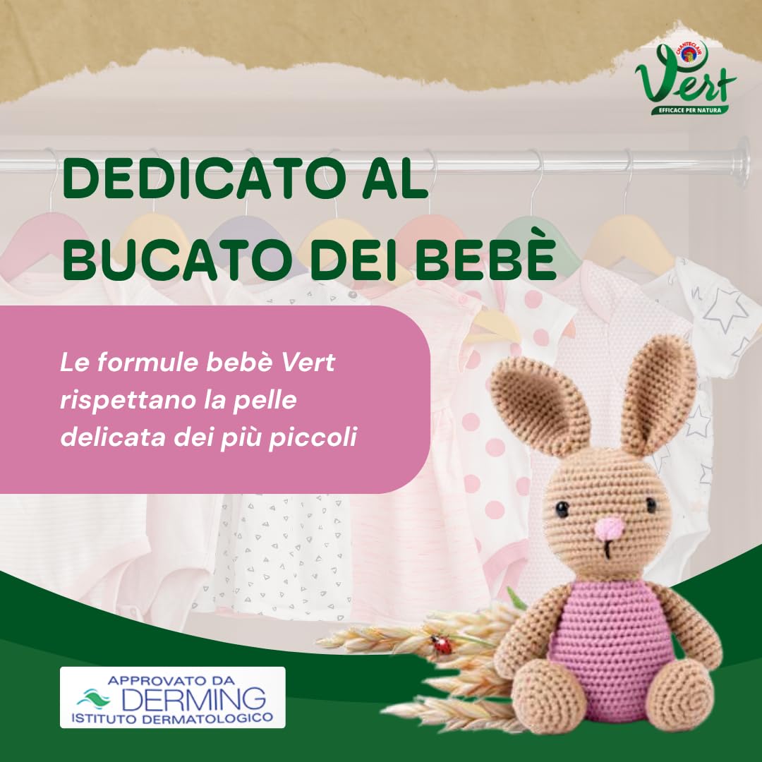 Vert - Ecodetergente Lavatrice Bebè - Fragranza Latte d'Avena, 100% Origine Naturale, Superefficace anche sulle Macchie del Bebé, Ipoallergenico, per Pelli Sensibili - Flacone da 1200 ml, 30 Lavaggi