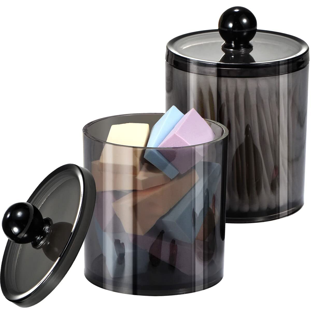 Topinon Plastic Acrylic Bathroom Vanity Countertop Canister Jars with Storage Lid, Apothecary Jars Qtip Holder Makeup Organizer for Cotton Balls,Swabs,Pads,Bath Salts (Black Pack of 4)