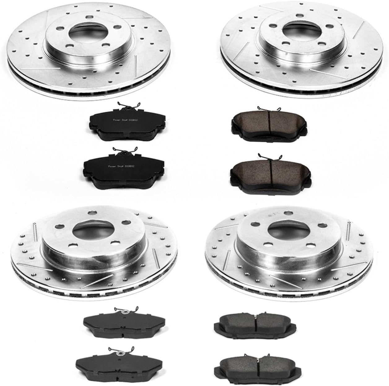 PowerStop Front and Rear Brake Kit For Ford Thunderbird 1996-97 |Lincoln Mark VIII 1993-98 |Mercury Cougar 1996-97 - Drilled and Slotted Disc Rotors with Ceramic Brake Pads Replacement, K1319