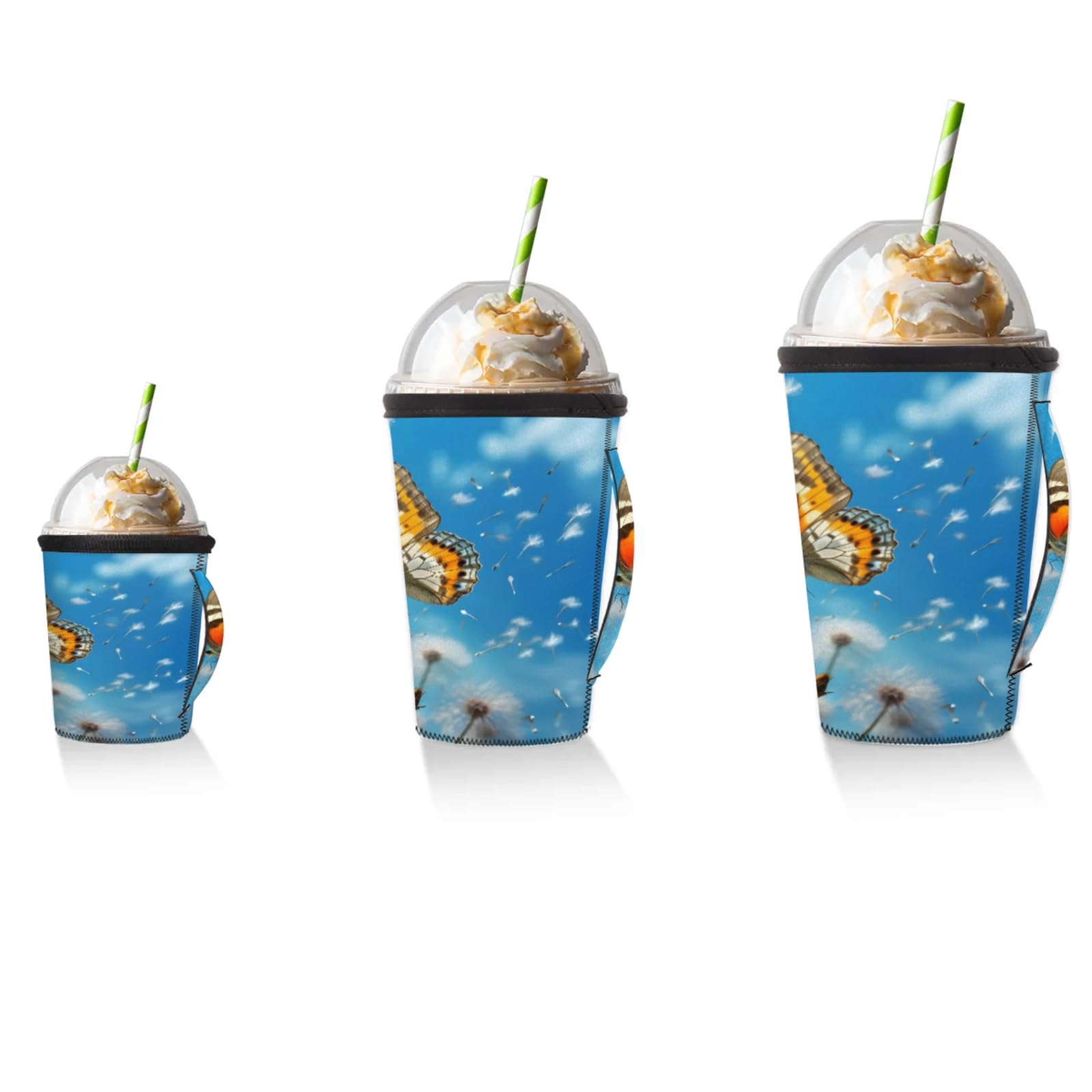Dandelion Butterflies Reusable Neoprene Coffee Sleeve with Handle Insulated Iced Coffee Cup Holder Reduces Condensation Fits 24-28 oz Cups M