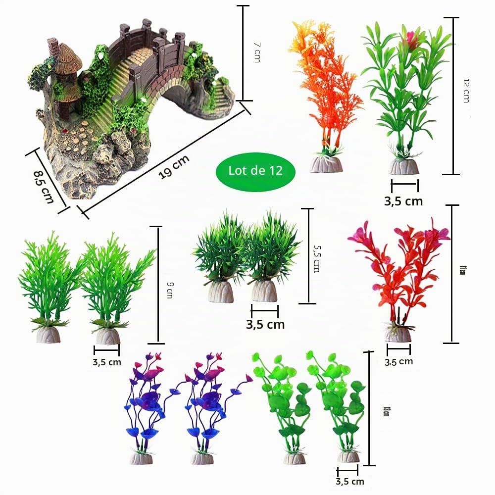 Décoration pour aquarium avec plantes en résine et pont en arc, lot de 12 plantes en plastique pour aquarium et pavillon décoratif pour aquarium en forme de pont pour décoration de bac à