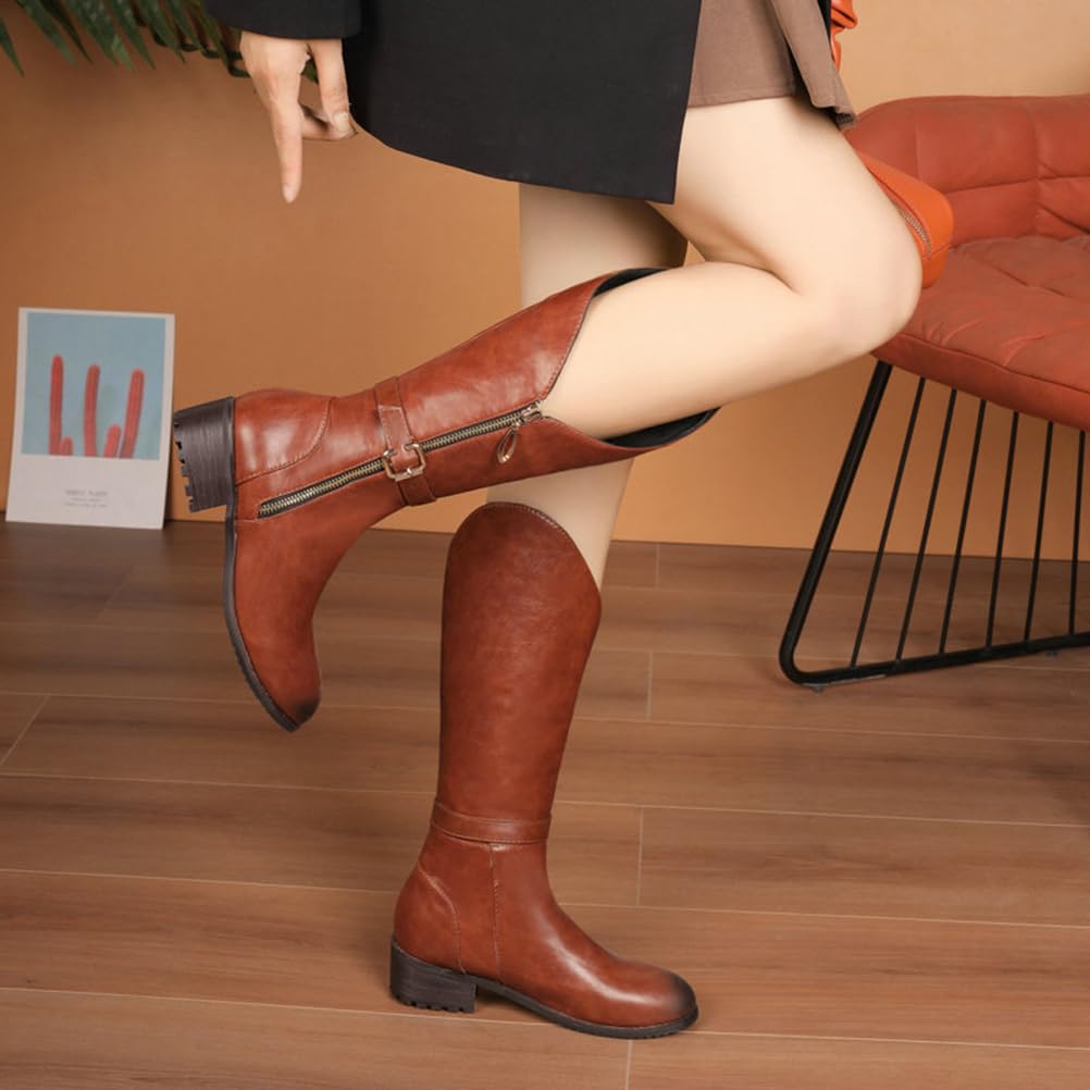 Mujer Planas Botas Altas hasta la Rodilla para Mujeres Botas de Montar de Cuero Sintético
