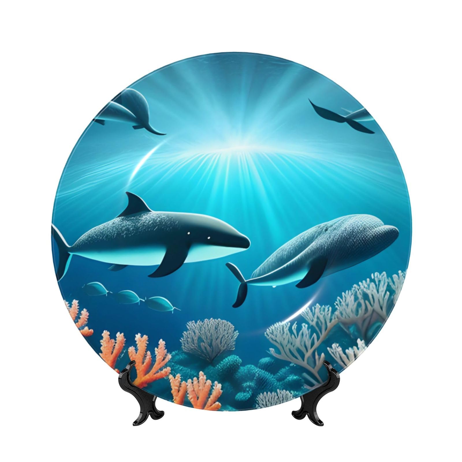 SXZVVBN Whales under the sea Bone China Decorative Plate Art with Stand Removable Adhesive Hanging for Home Office 7in
