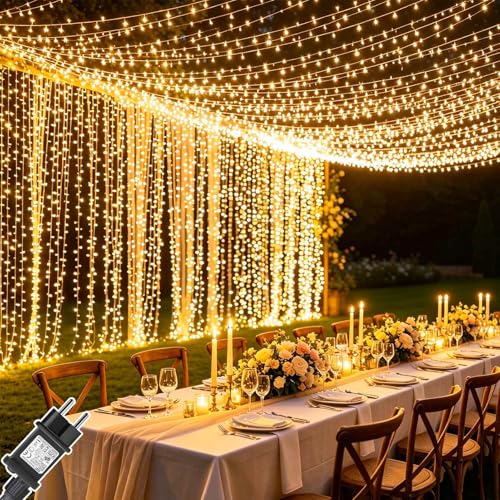 Cozymeow Luci Esterno Cascata 600 LED 6x3m Tenda Luminosa con Timer, 8 Modalità Impermeabile, Collegabil Luci per Giardino, Matrimonio, Gazebo, Feste, Balcone - Bianco Caldo