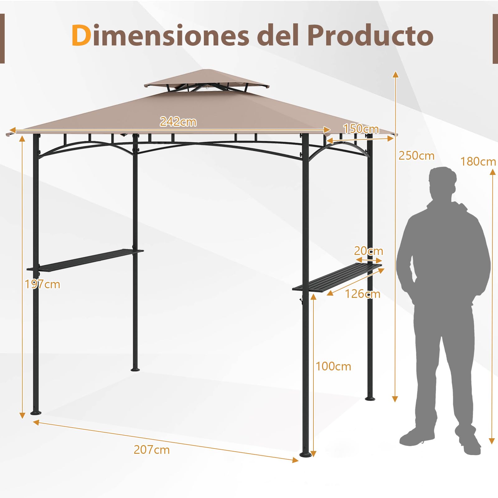 COSTWAY Carpa de Barbacoa 242 x 150 cm, Pergolas de Jardin de Techo Doble con 2 Estantes, 6 Ganchos, Estructura Metálica, Cenador para BBQ Jardín Terraza Fiesta Picnic (café)